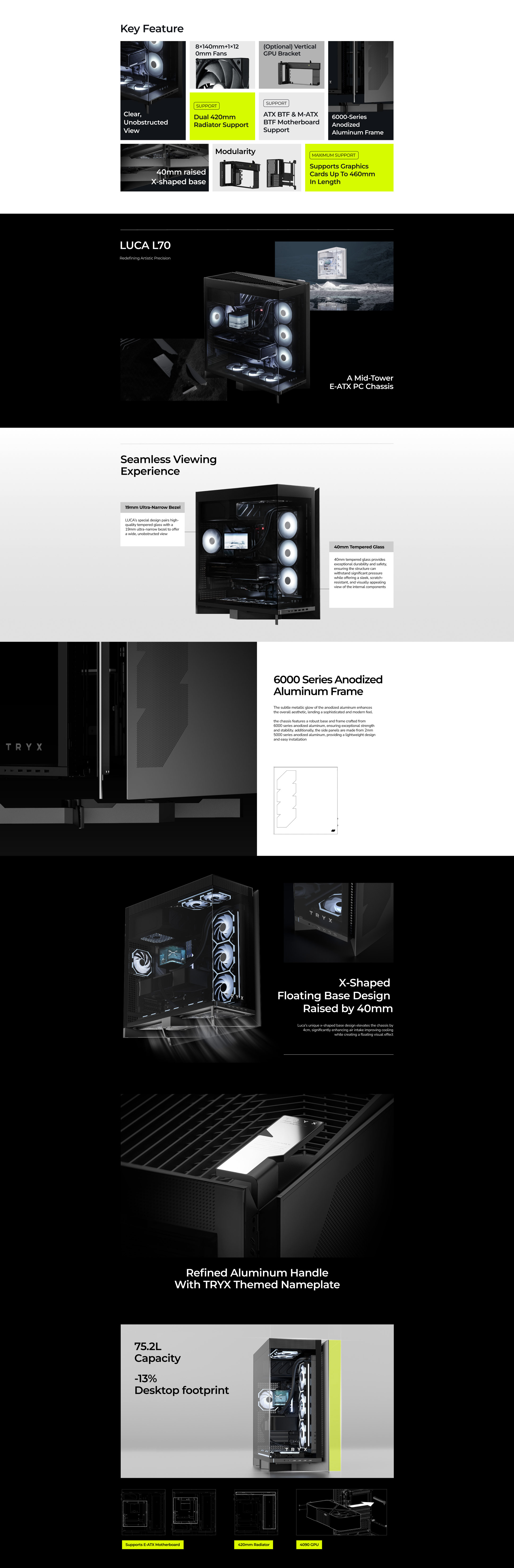 A large marketing image providing additional information about the product TRYX LUCA L70 - Premium Tempered Glass Mid Tower E-ATX Case (Black) - Additional alt info not provided