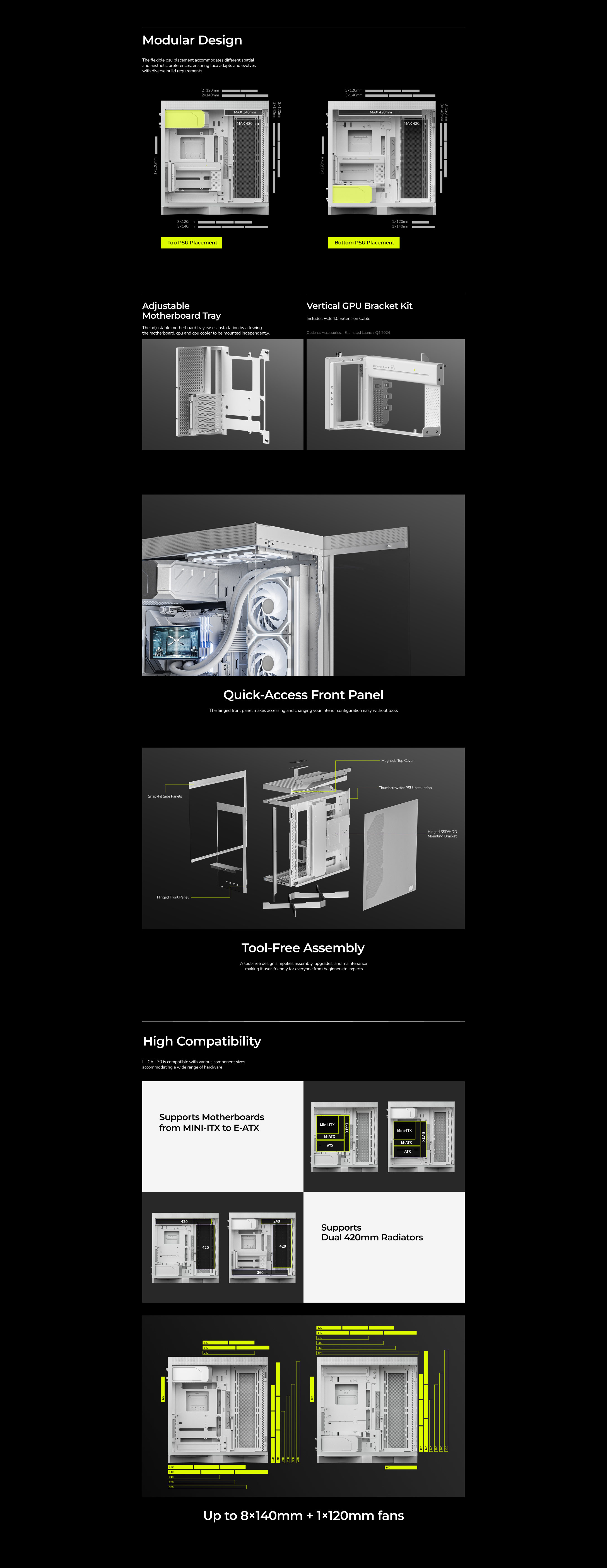 A large marketing image providing additional information about the product TRYX LUCA L70 - Premium Tempered Glass Mid Tower E-ATX Case (White) - Additional alt info not provided