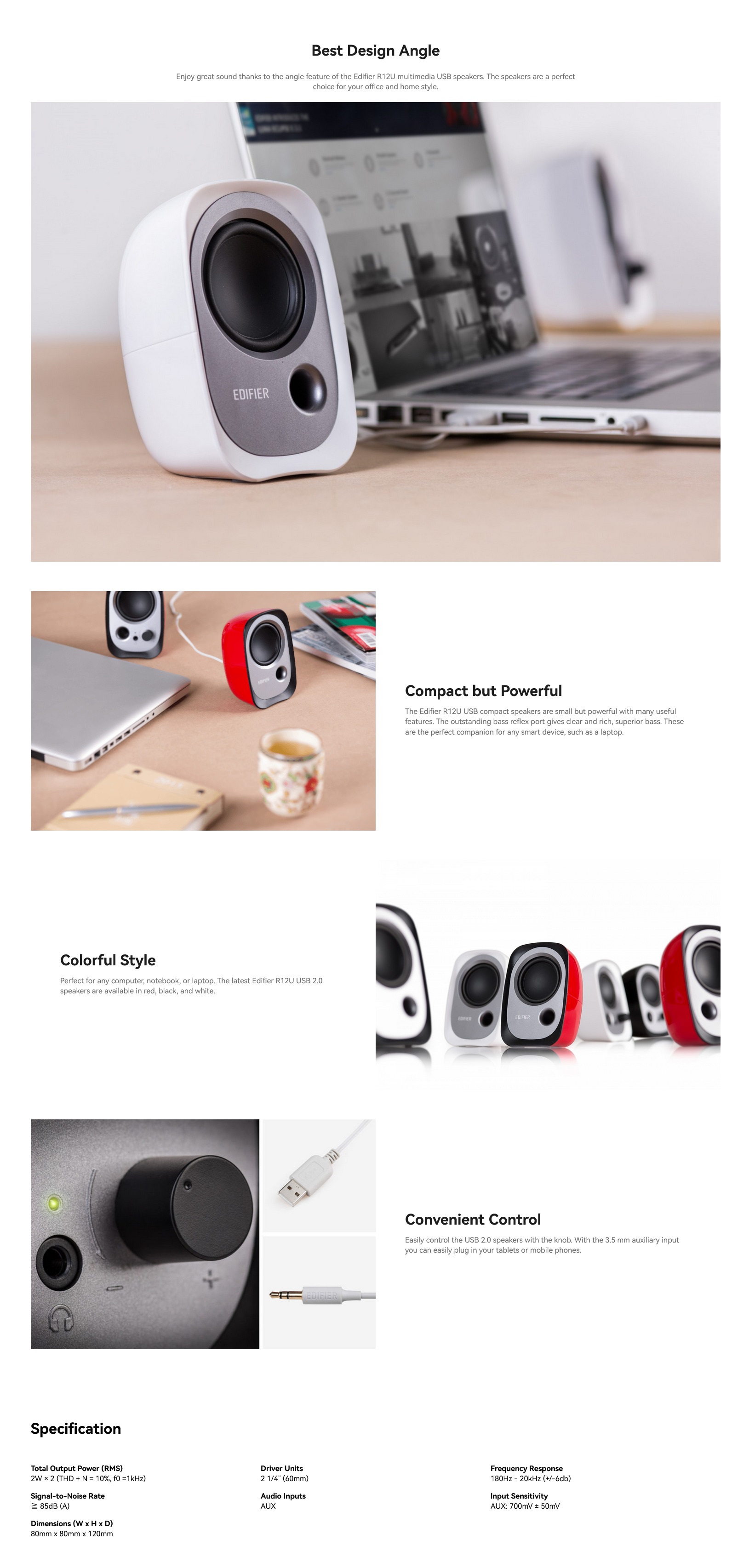 A large marketing image providing additional information about the product Edifier R12U 2.0 USB Speakers (White) - Additional alt info not provided