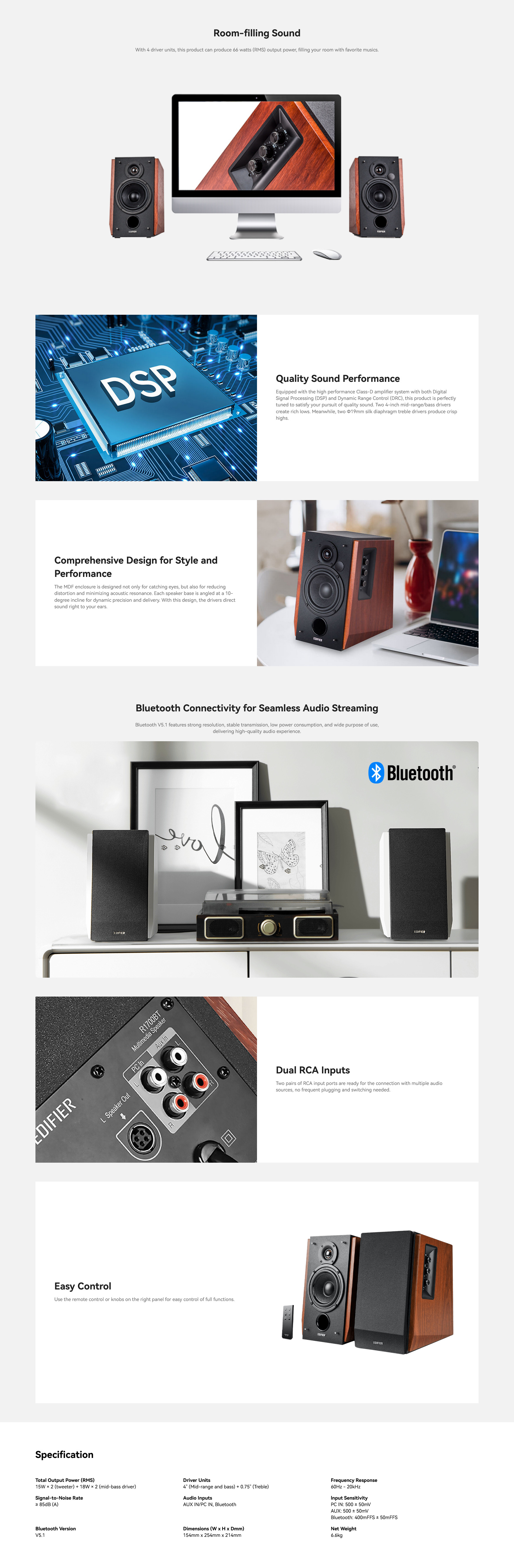 A large marketing image providing additional information about the product Edifier R1700BT Bluetooth Bookshelf Studio Speakers (Brown) - Additional alt info not provided