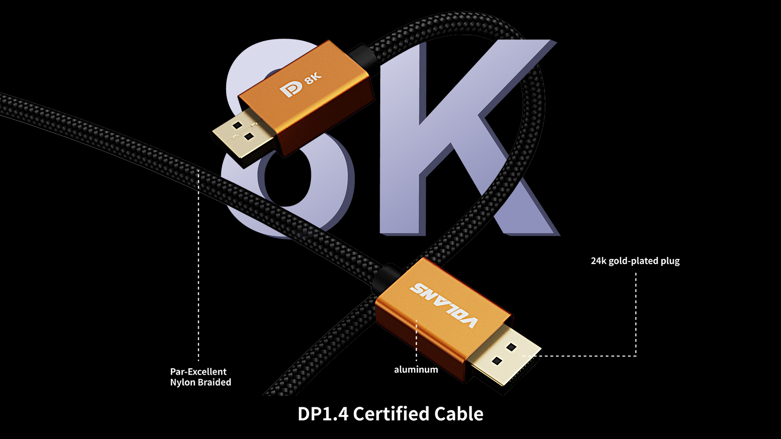 A large marketing image providing additional information about the product Volans Ultra 8K DP to DP Cable V1.4 - 5m - Additional alt info not provided