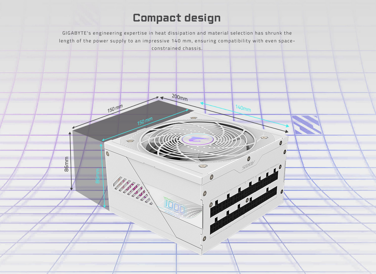 A large marketing image providing additional information about the product Gigabyte Aorus Elite AE1000PM - 1000W Platinum PCIe 5.0 ATX Modular PSU (White) - Additional alt info not provided