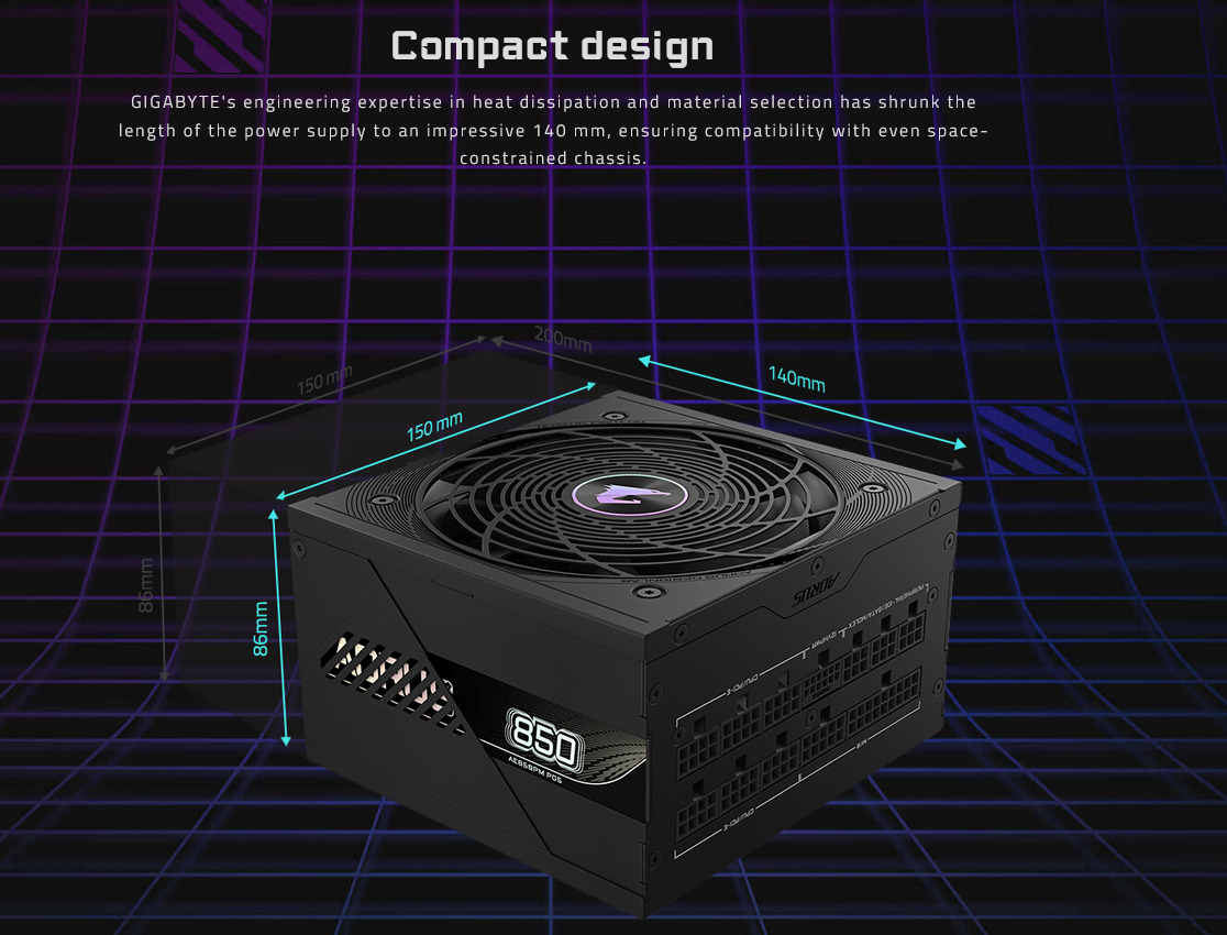 A large marketing image providing additional information about the product Gigabyte Aorus Elite 850W Platinum PCIe 5.0 ATX Modular PSU - Black - Additional alt info not provided