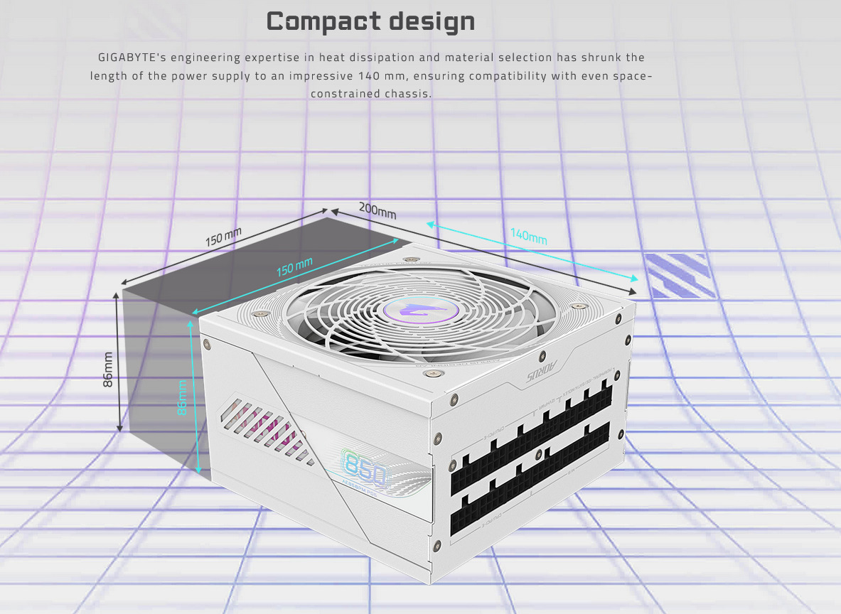 A large marketing image providing additional information about the product Gigabyte Aorus Elite AE850PM - 850W Platinum PCIe 5.0 ATX Modular PSU (White) - Additional alt info not provided