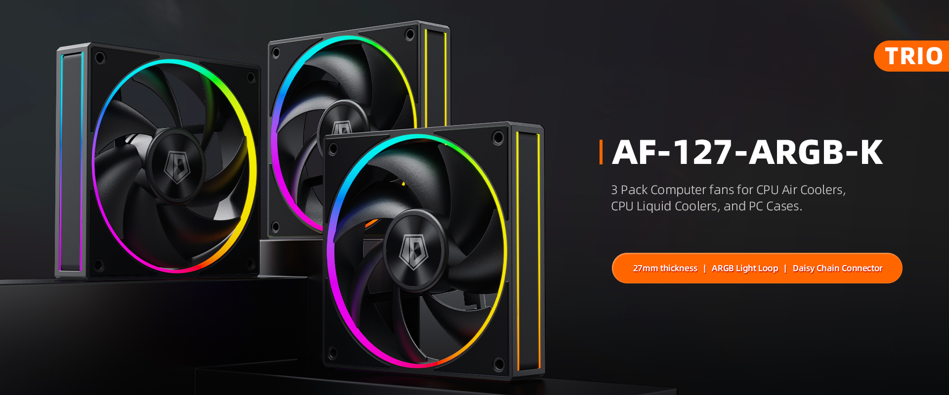 A large marketing image providing additional information about the product ID-COOLING AF Series 120mm ARGB Case Fan 3 Pack - Black - Additional alt info not provided