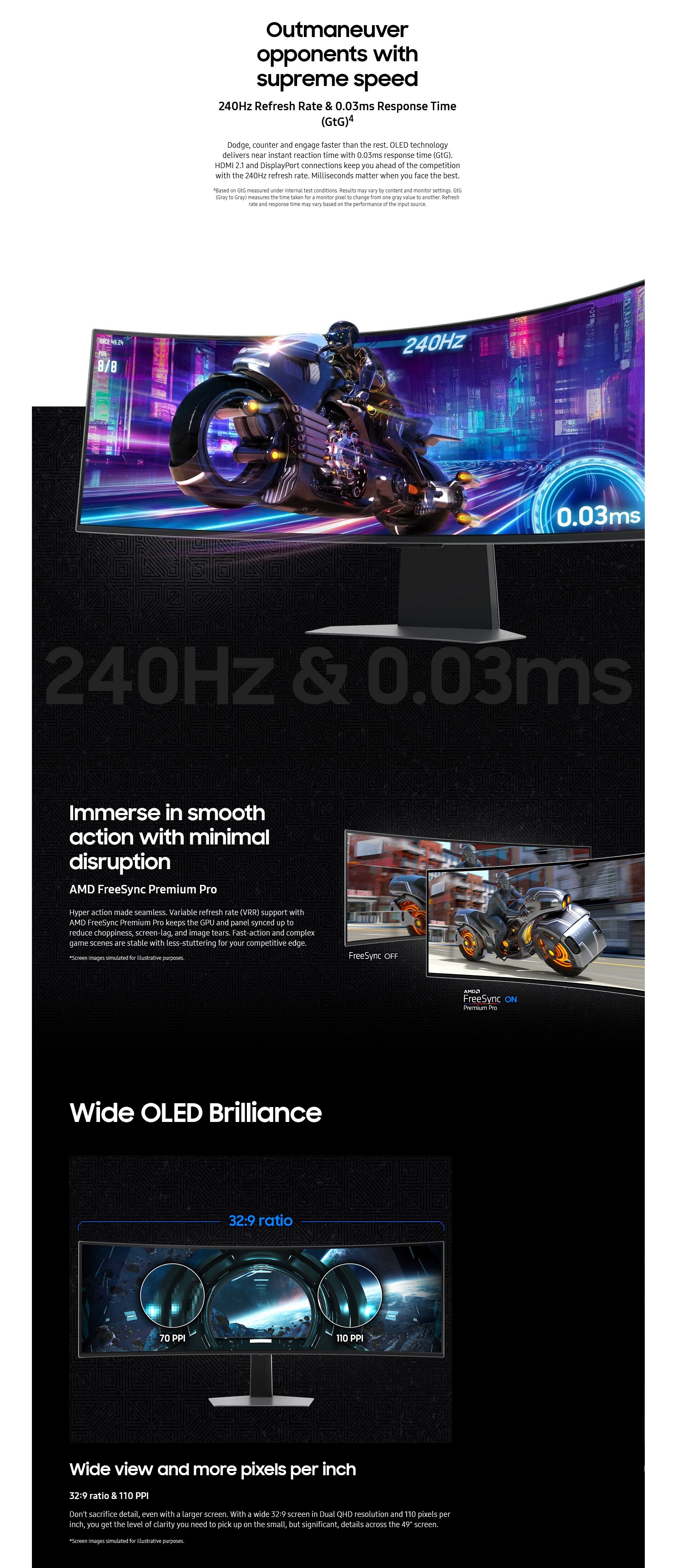 A large marketing image providing additional information about the product Samsung Odyssey OLED G9 49" Curved  1440p 240Hz OLED Monitor - Additional alt info not provided