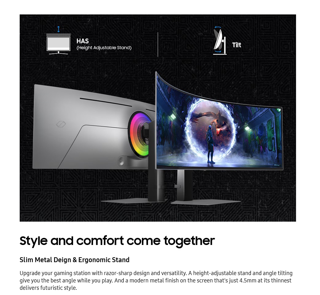 A large marketing image providing additional information about the product Samsung Odyssey OLED G9 49" Curved  1440p 240Hz OLED Monitor - Additional alt info not provided