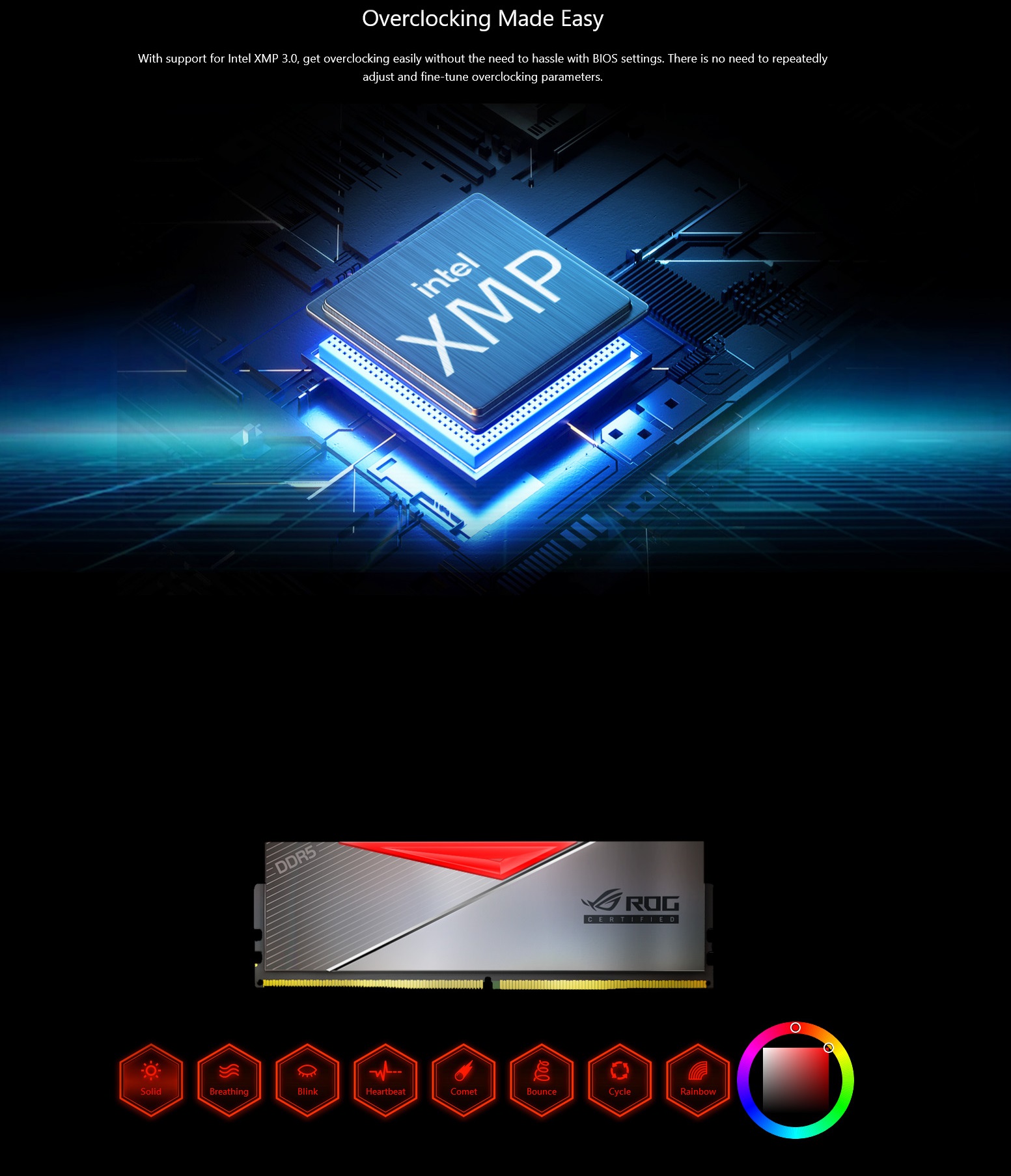 A large marketing image providing additional information about the product ADATA XPG Lancer RGB 32GB Kit (2x16GB) DDR5 C32 6600MHz - ROG Certified - Additional alt info not provided