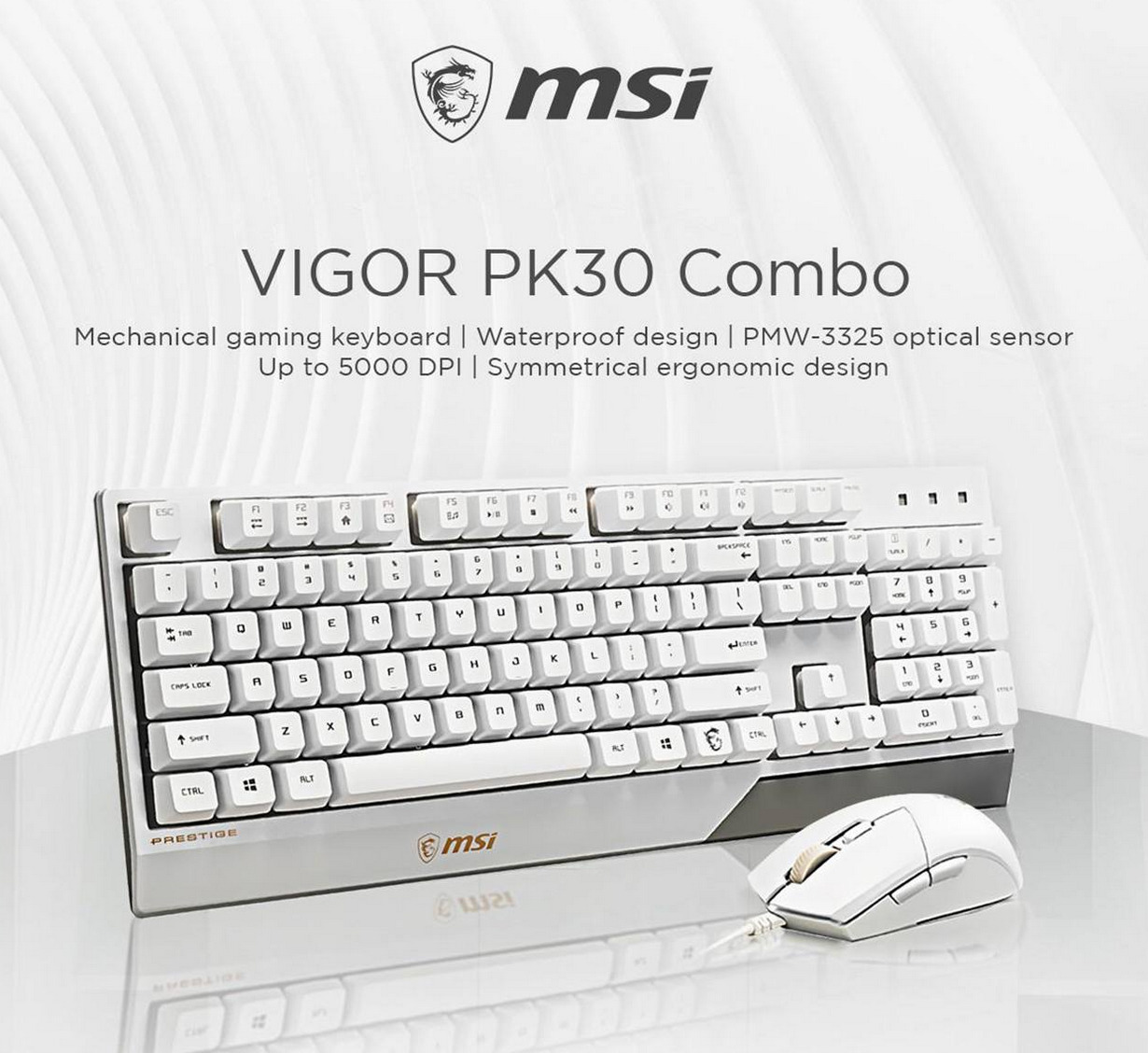 A large marketing image providing additional information about the product MSI PK30 Wired Gaming Keyboard & Mouse Combo - White - Additional alt info not provided