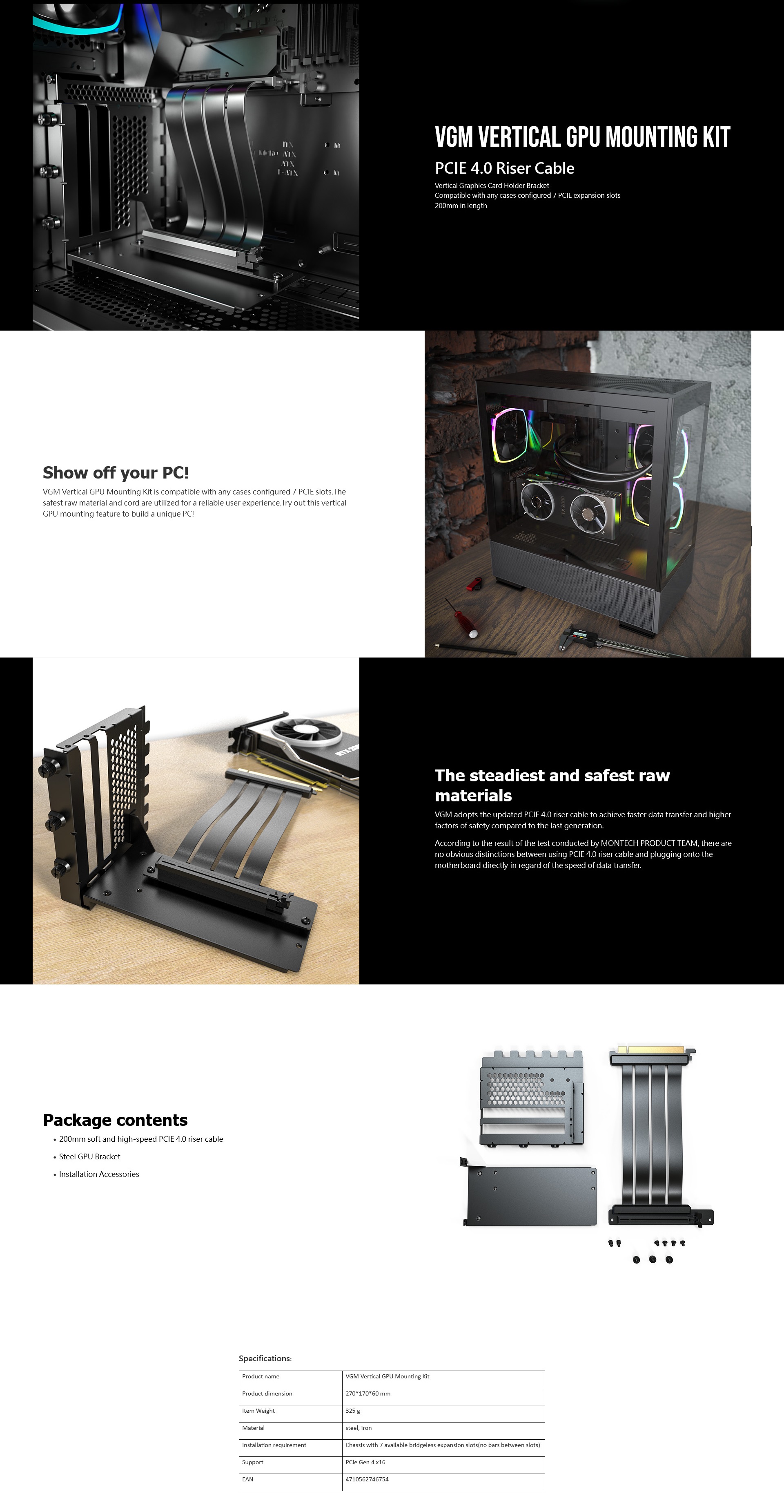 A large marketing image providing additional information about the product Montech Vertical GPU Mounting Kit (Black) - Additional alt info not provided