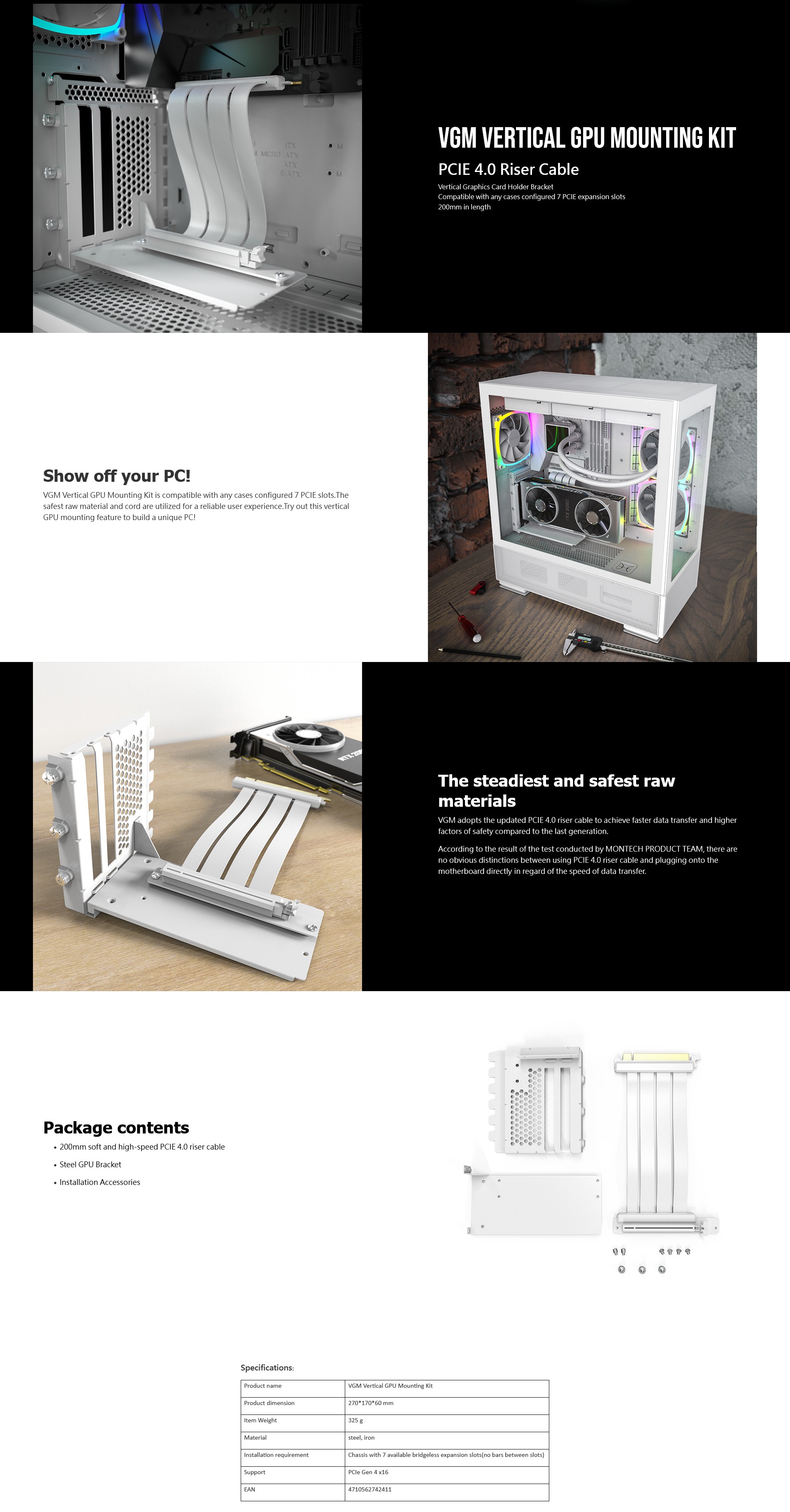 A large marketing image providing additional information about the product Montech Vertical GPU Mounting Kit (White) - Additional alt info not provided