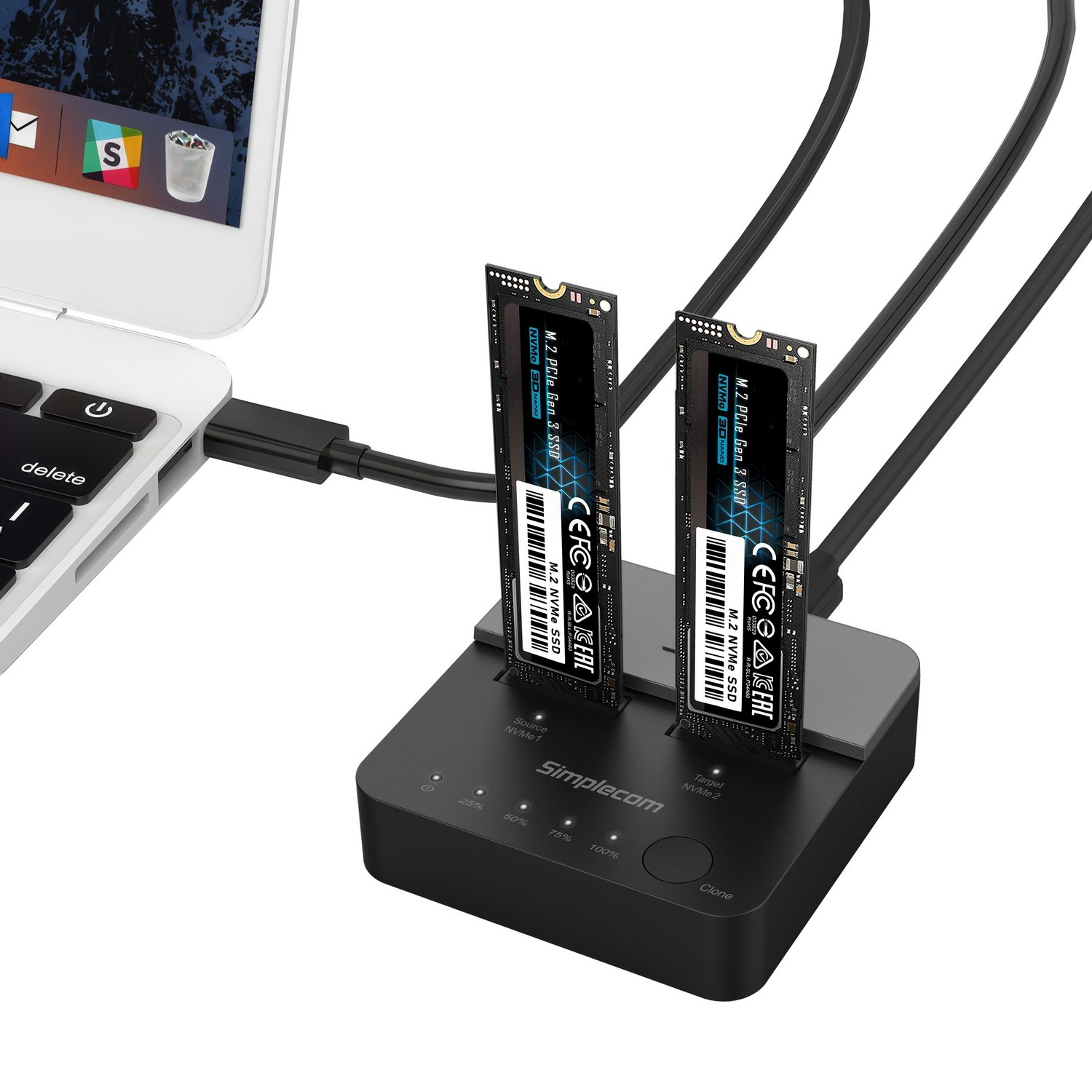 A large marketing image providing additional information about the product Simplecom SD550 V2 USB 3.2 Gen 2 to Dual Bay NVMe M.2 SSD Docking Station - Additional alt info not provided