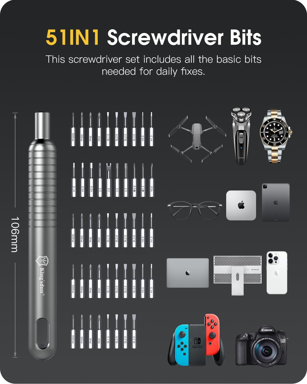 A large marketing image providing additional information about the product King'sdun 51 in 1 Precision Screwdriver Set - Additional alt info not provided