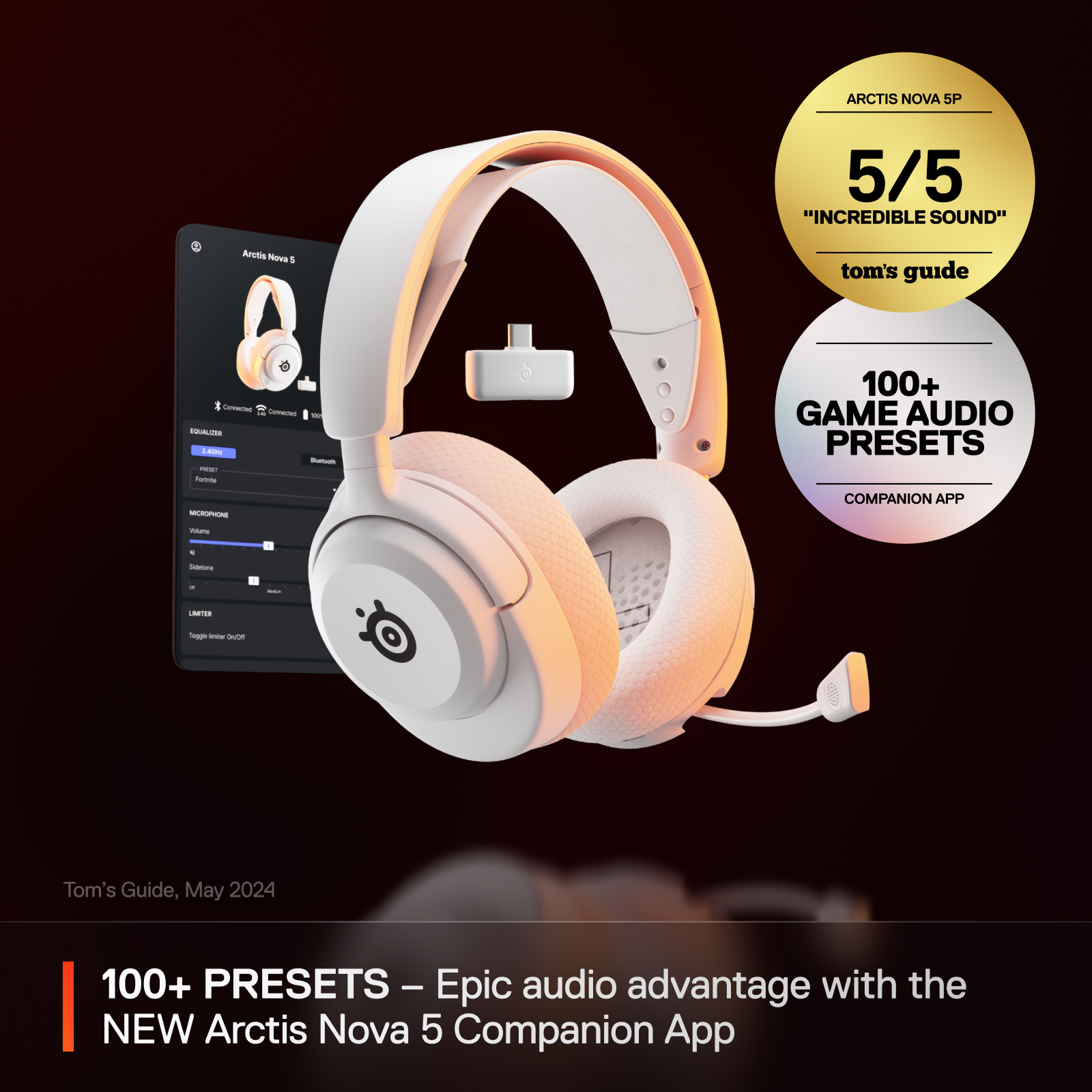 A large marketing image providing additional information about the product SteelSeries Arctis Nova 5 Wireless - Gaming Headset - White - Additional alt info not provided