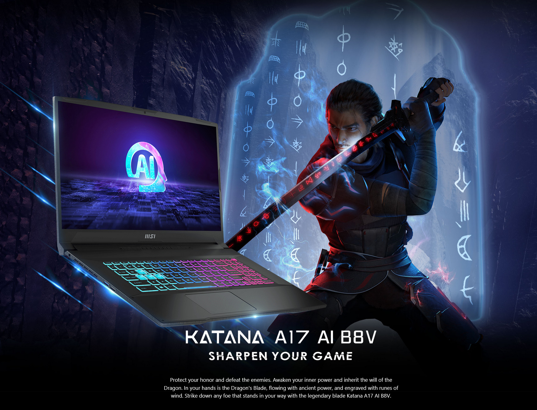 A large marketing image providing additional information about the product MSI Katana A17 AI (B8V) - 17.3" 144Hz, Ryzen 7, RTX 4060, 16GB/1TB - Win 11 Gaming Notebook - Additional alt info not provided