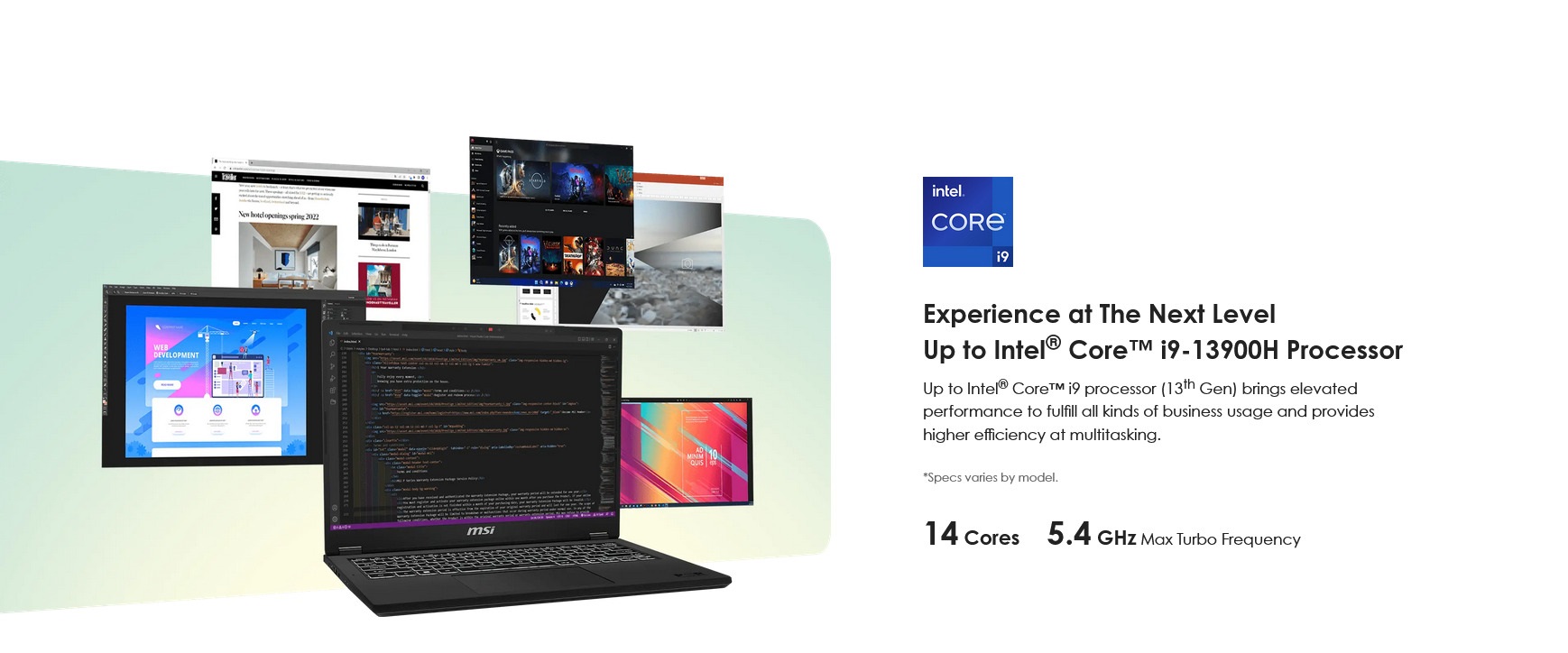 A large marketing image providing additional information about the product MSI Modern 14 H (D13M) - 14" 13th Gen i9, 16GB/1TB - Win 11 Pro Notebook - Additional alt info not provided