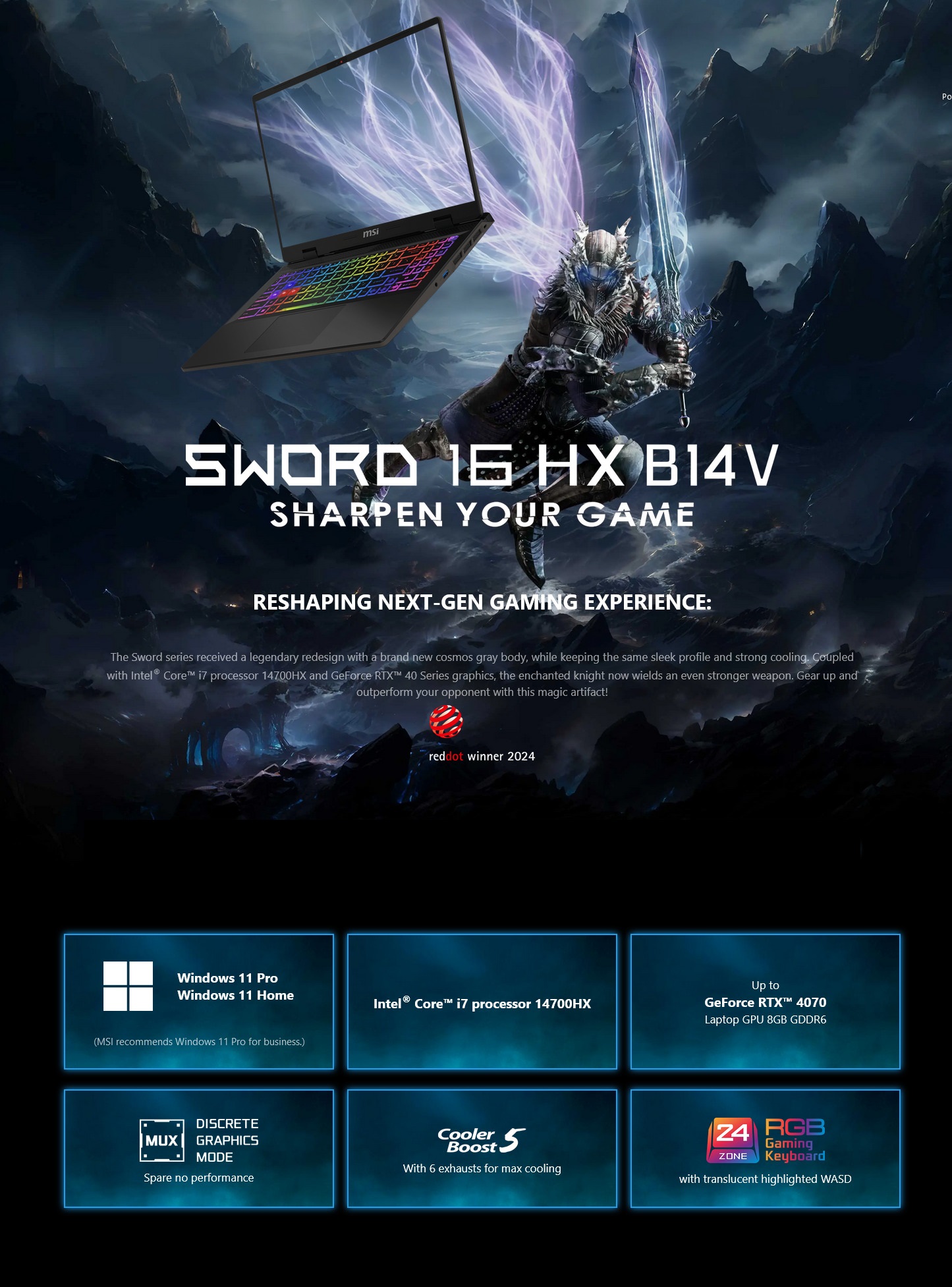 A large marketing image providing additional information about the product MSI Sword 16 HX (B14V) - 16" 240Hz, 14th Gen i7, RTX 4060, 16GB/1TB - Win 11 Gaming Notebook - Additional alt info not provided