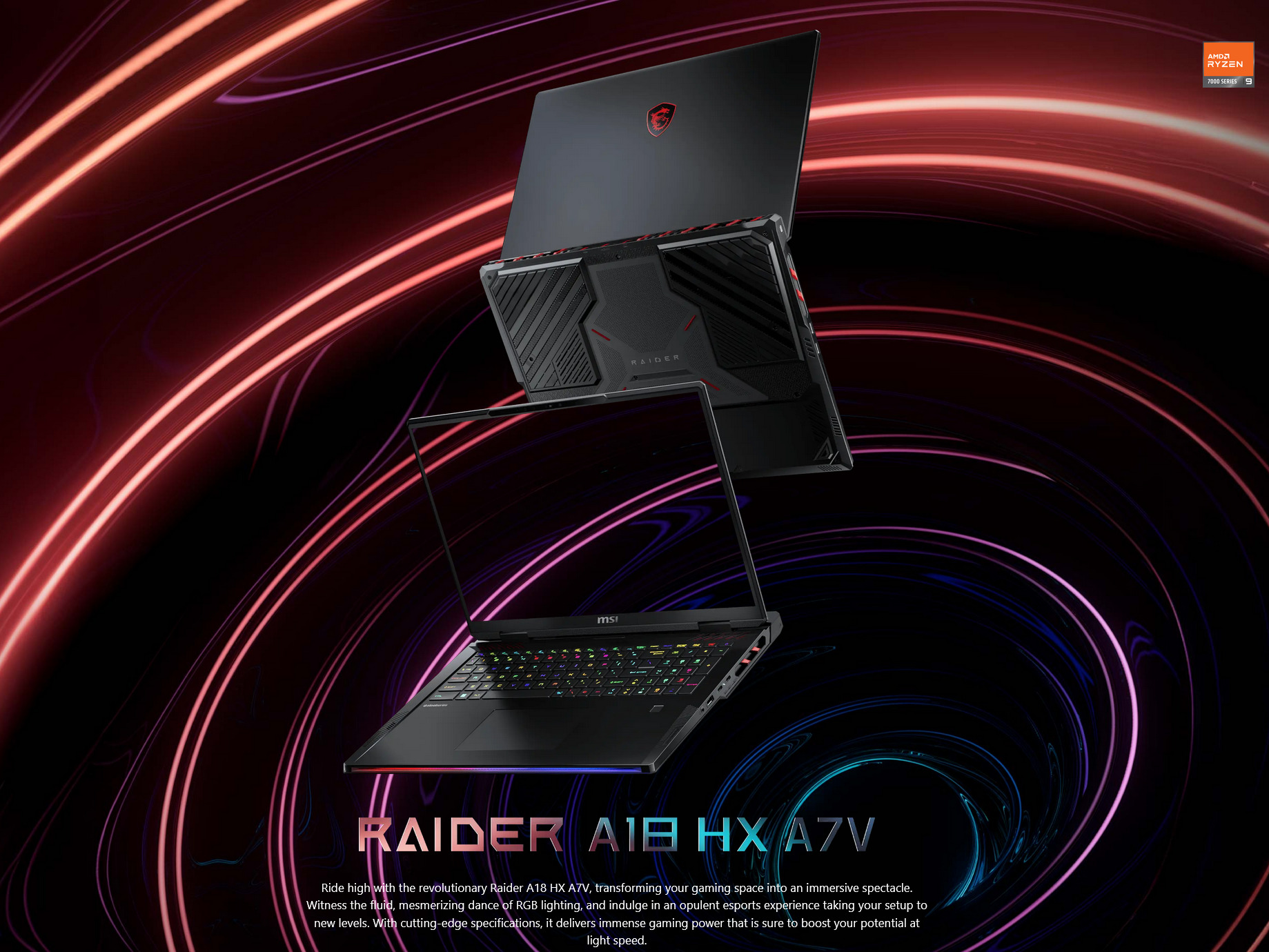 A large marketing image providing additional information about the product MSI Raider A18 HX (A7V) - 18" QHD 240Hz, Ryzen 9, RTX 4080, 32GB/1TB - Win 11 Pro Gaming Notebook - Additional alt info not provided