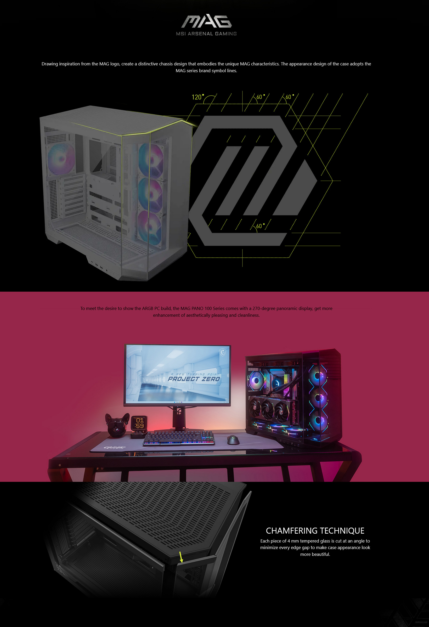 A large marketing image providing additional information about the product MSI MAG PANO 100R PZ ATX Mid Tower Case - Black - Additional alt info not provided