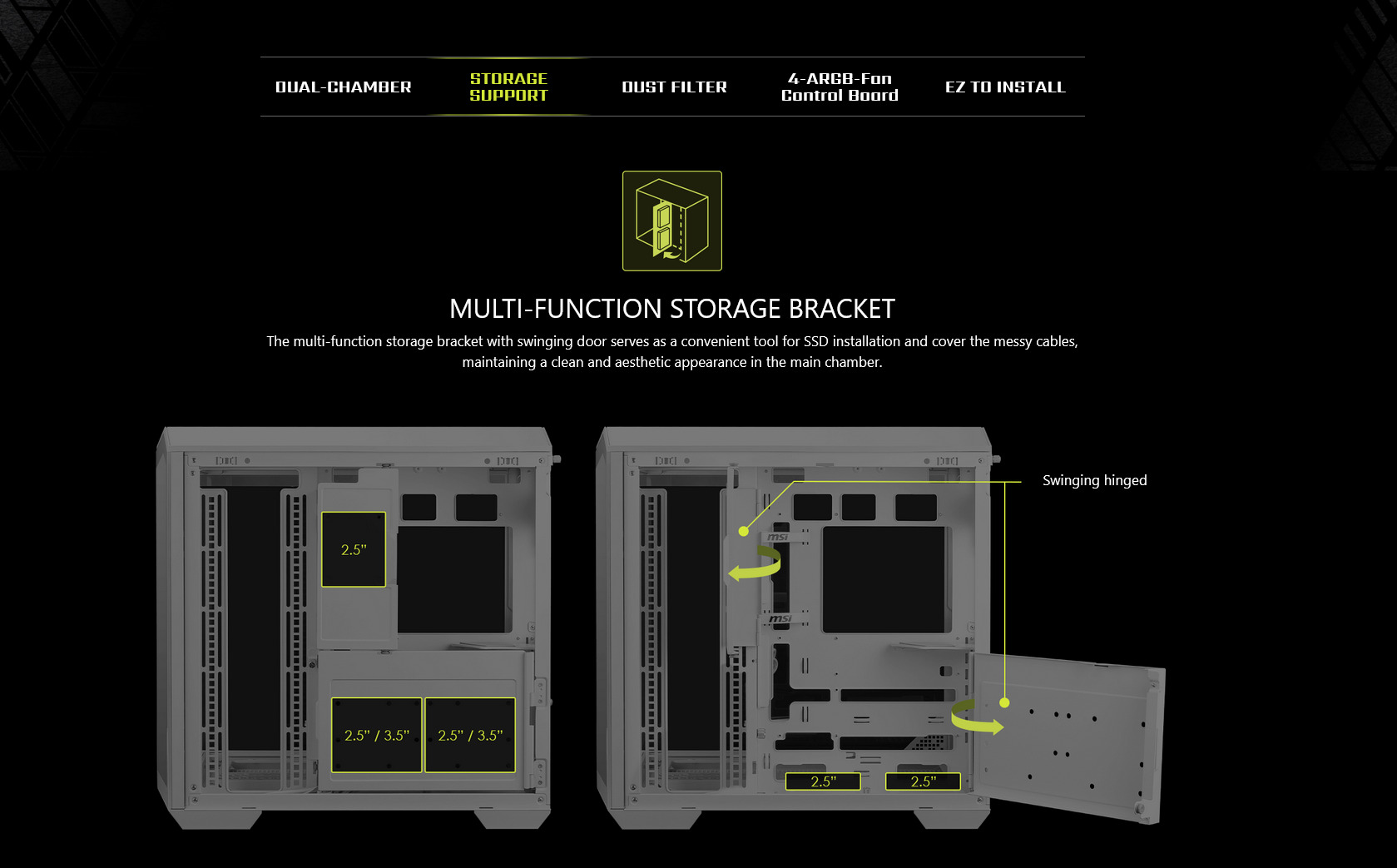 A large marketing image providing additional information about the product MSI MAG PANO 100R PZ ATX Mid Tower Case - White - Additional alt info not provided