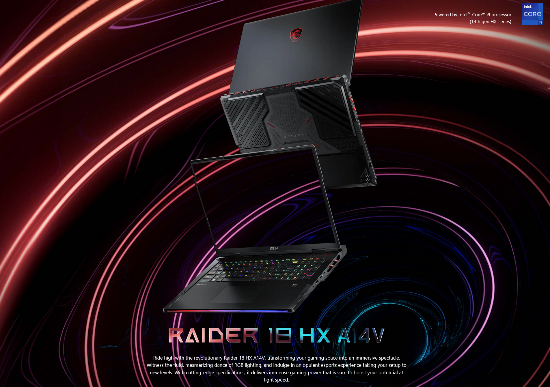 A large marketing image providing additional information about the product MSI Raider 18 HX (A14V) - 18" 4K 120Hz, 14th Gen i9, RTX 4090, 64GB/2TB - Win 11 Pro Gaming Notebook - Additional alt info not provided