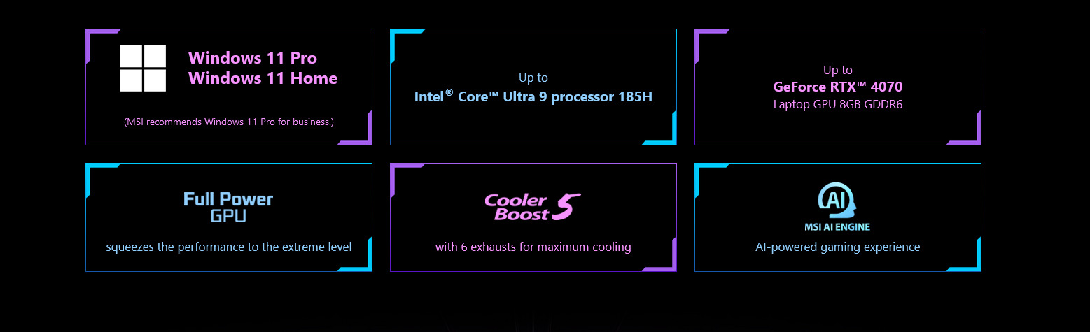 A large marketing image providing additional information about the product MSI Pulse 16 AI (C1V) - 16" 240Hz, Core Ultra 7, RTX 4070, 32GB/1TB - Win 11 Gaming Notebook - Additional alt info not provided