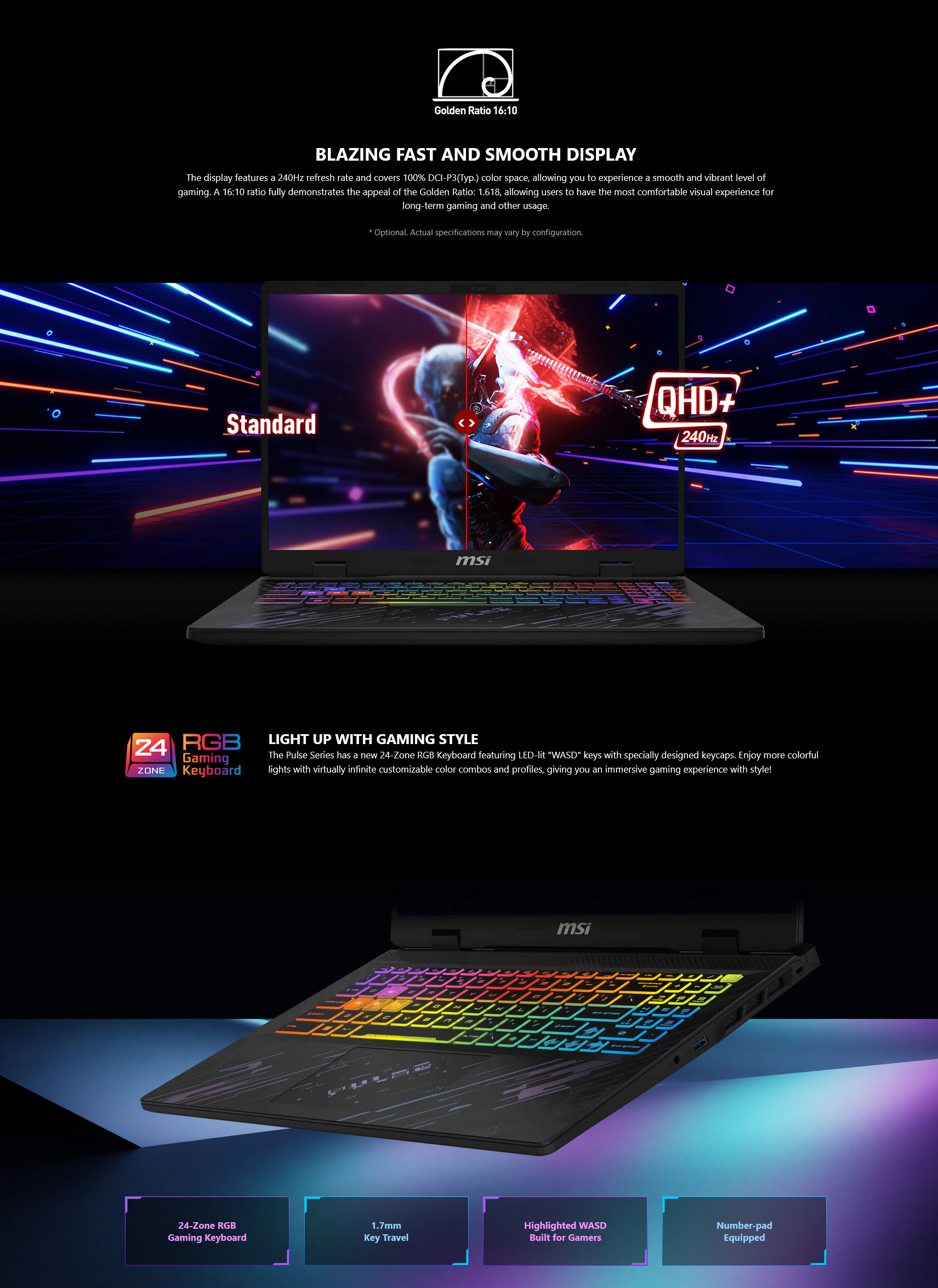 A large marketing image providing additional information about the product MSI Pulse 16 AI (C1V) - 16" 240Hz, Core Ultra 7, RTX 4070, 32GB/1TB - Win 11 Gaming Notebook - Additional alt info not provided