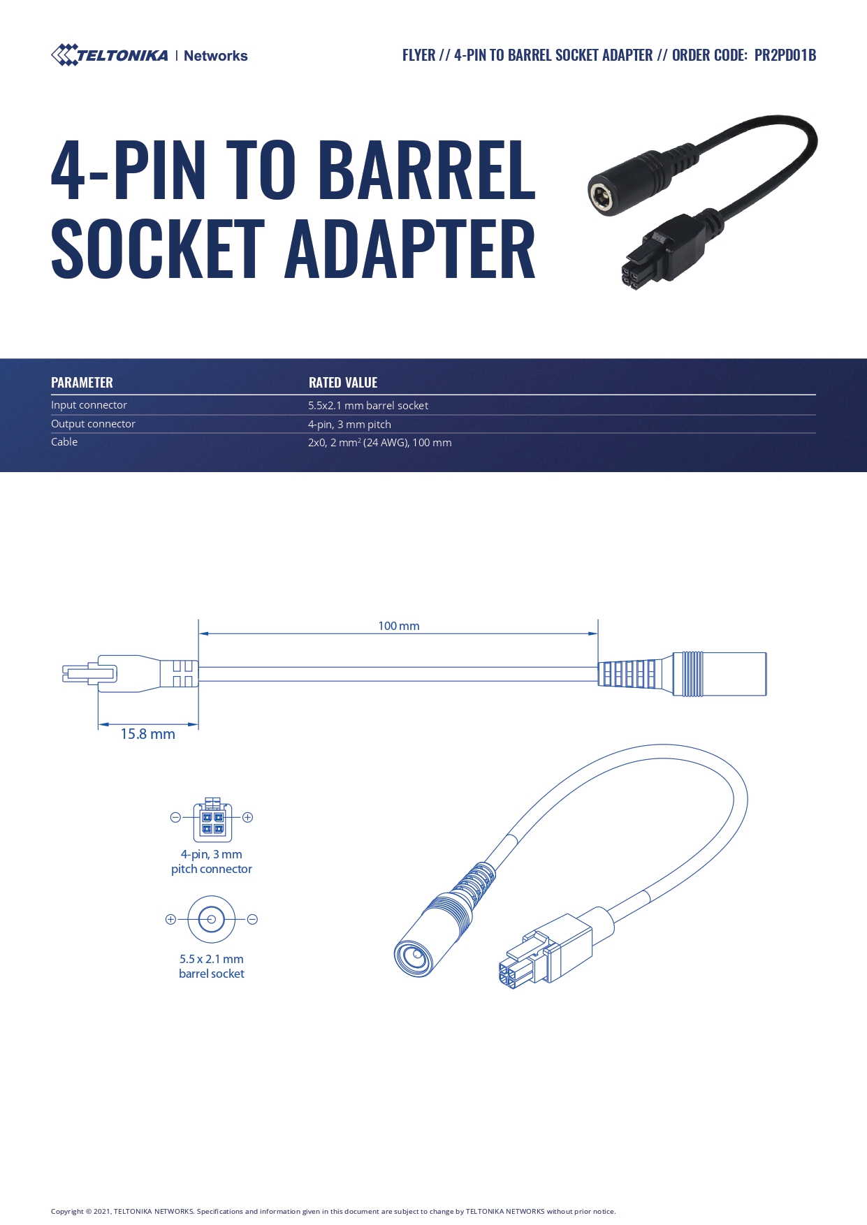 A large marketing image providing additional information about the product Teltonika 4-Pin Power to DC Barrel Socket Adapter - Additional alt info not provided