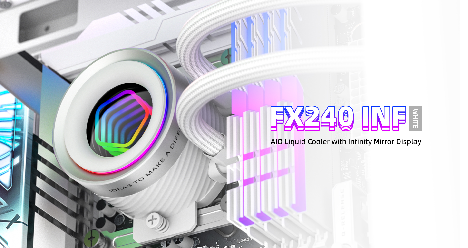 A large marketing image providing additional information about the product ID-COOLING FrostFlow FX240 240mm Infinity AIO CPU Liquid Cooler - White - Additional alt info not provided