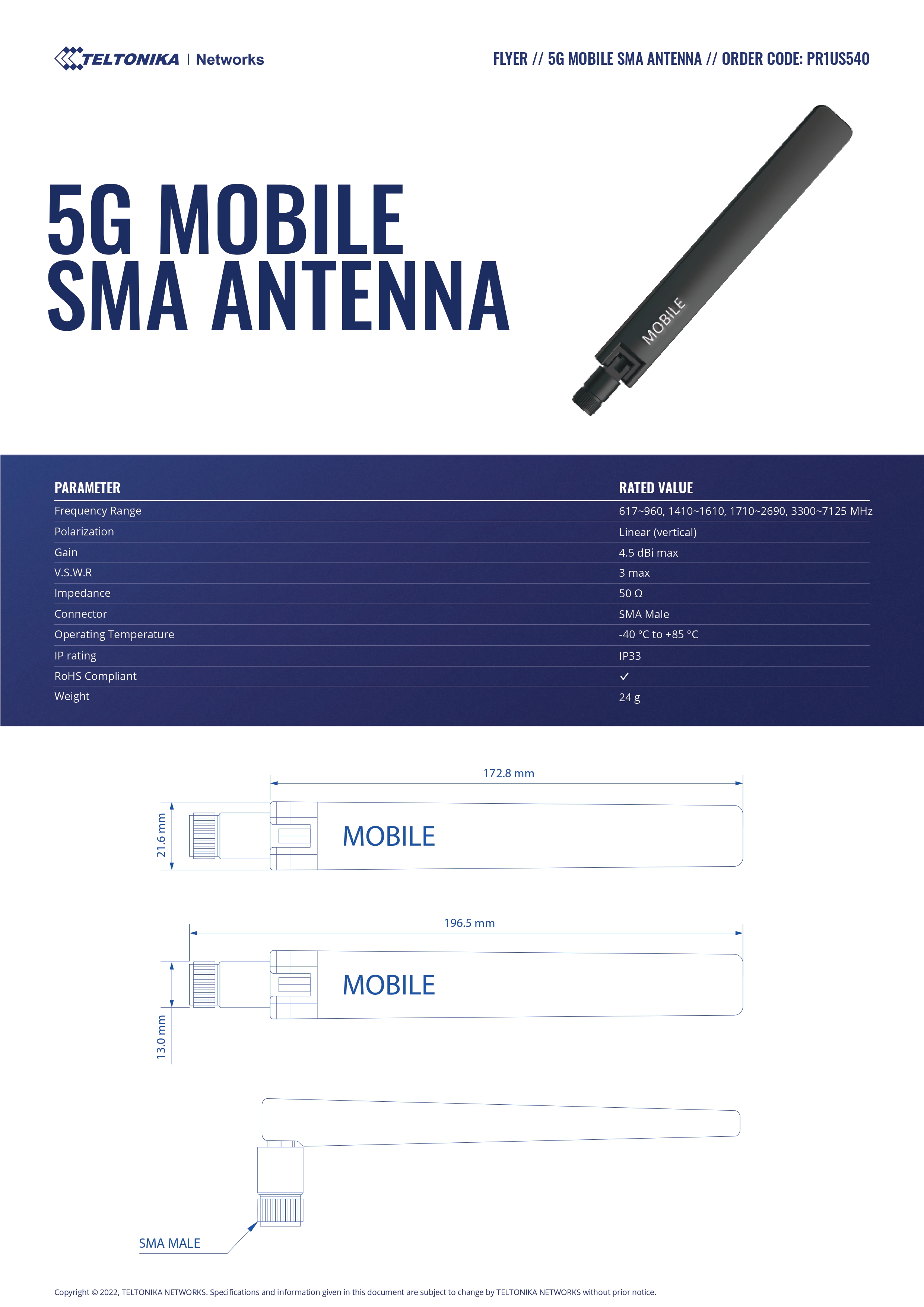 A large marketing image providing additional information about the product Teltonika 5G Mobile SMA Antenna - Additional alt info not provided