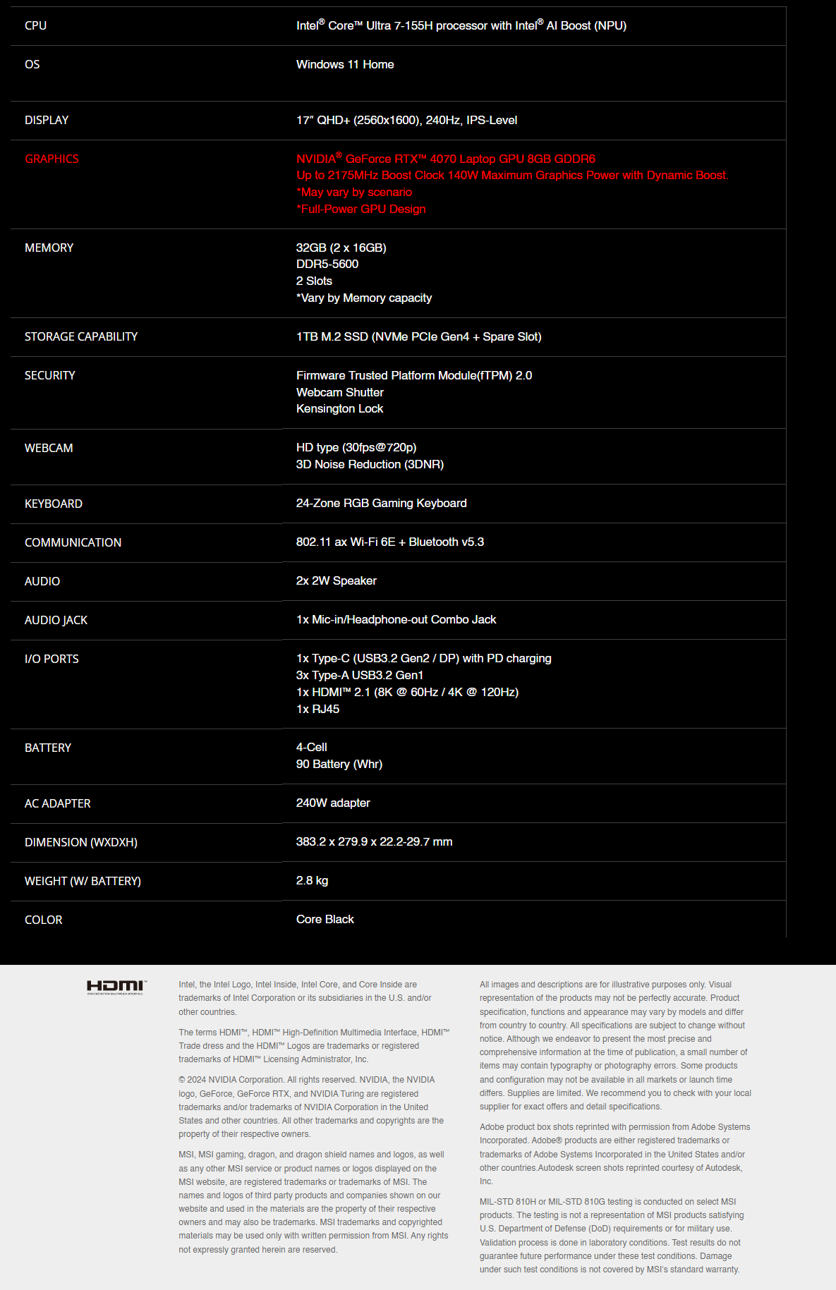 A large marketing image providing additional information about the product MSI Pulse 17 AI (C1V) - 17" 240Hz, Core Ultra 7, RTX 4070, 32GB/1TB - Win 11 Gaming Notebook - Additional alt info not provided