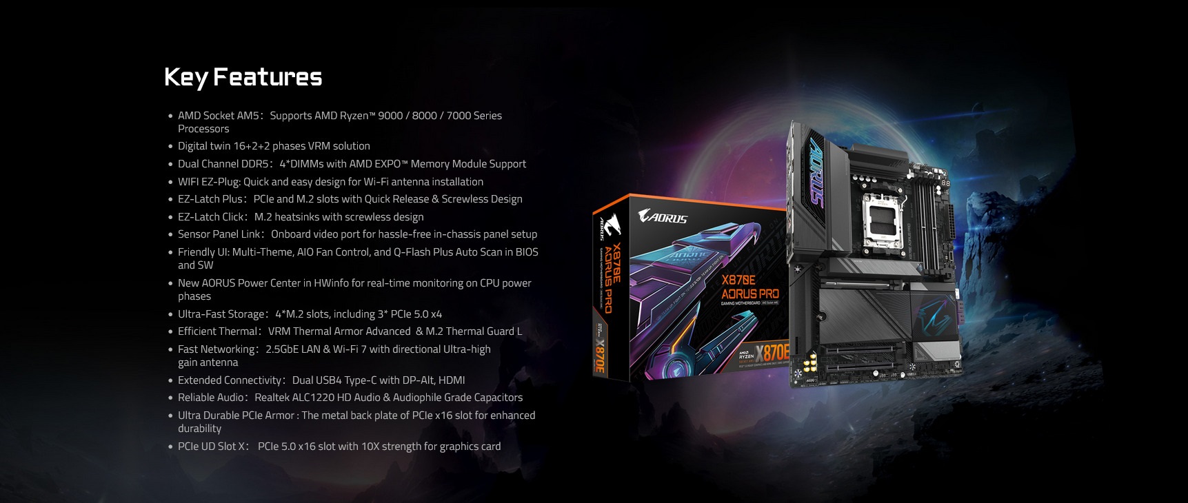 A large marketing image providing additional information about the product Gigabyte X870E Aorus Pro  AM5 ATX Desktop Motherboard - Additional alt info not provided