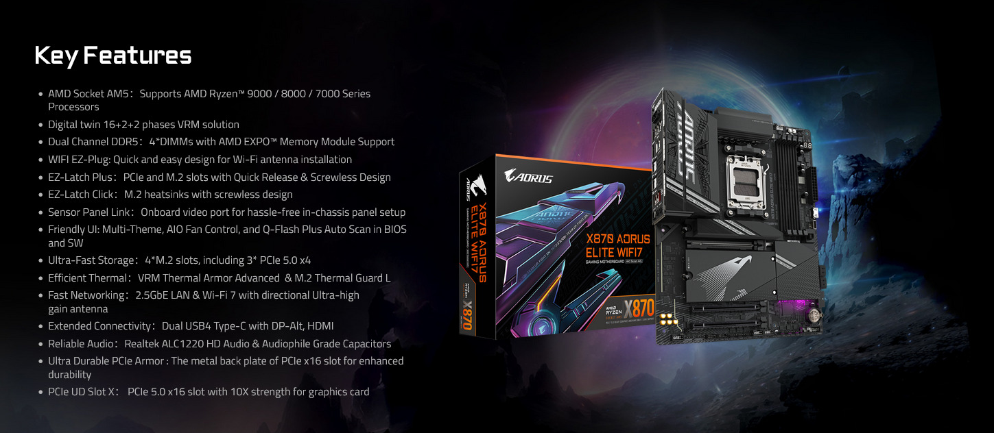 A large marketing image providing additional information about the product Gigabyte X870 Elite WiFi7 AM5 ATX Desktop Motherboard - Additional alt info not provided