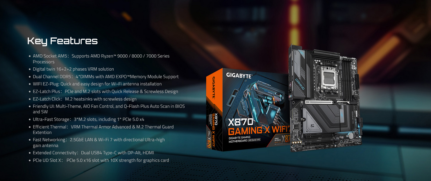 A large marketing image providing additional information about the product Gigabyte X870 Gaming X WiFi7 AM5 ATX Desktop Motherboard - Additional alt info not provided