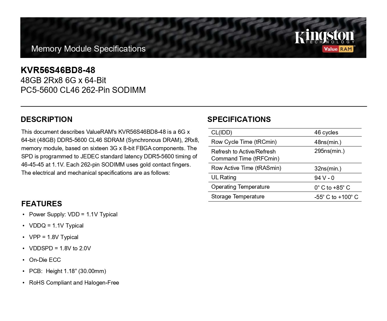 A large marketing image providing additional information about the product Kingston ValueRAM 48GB Single (1x48GB) DDR5 SO-DIMM C46 5600MHz - Additional alt info not provided