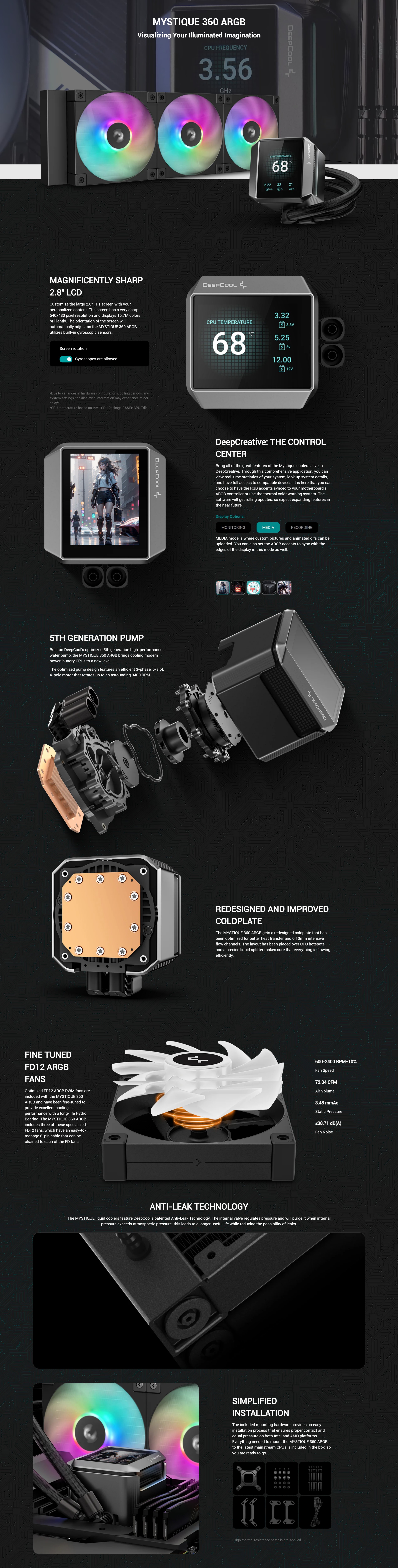 A large marketing image providing additional information about the product DeepCool MYSTIQUE 360 ARGB AIO Liquid CPU Cooler - Black - Additional alt info not provided