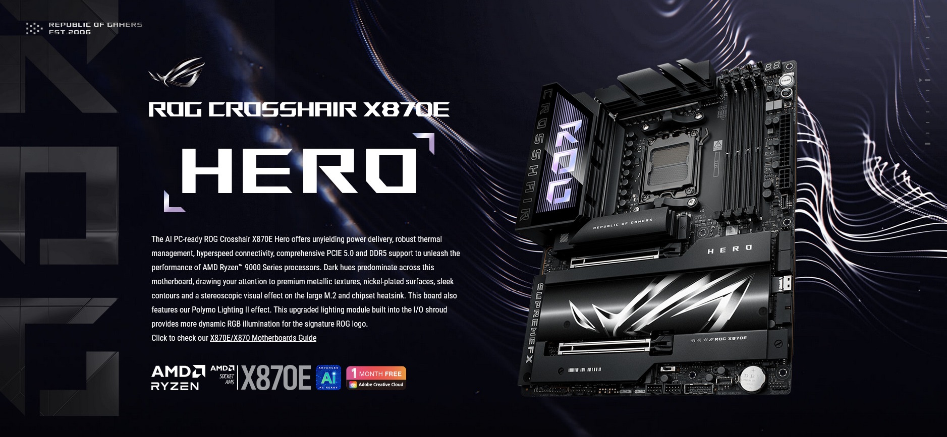 A large marketing image providing additional information about the product ASUS ROG Crosshair X870E Hero AM5 ATX Desktop Motherboard - Additional alt info not provided