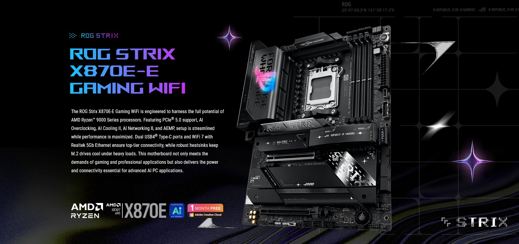 A large marketing image providing additional information about the product ASUS ROG Strix X870E-E Gaming WiFi AM5 ATX Desktop Moterboard - Additional alt info not provided