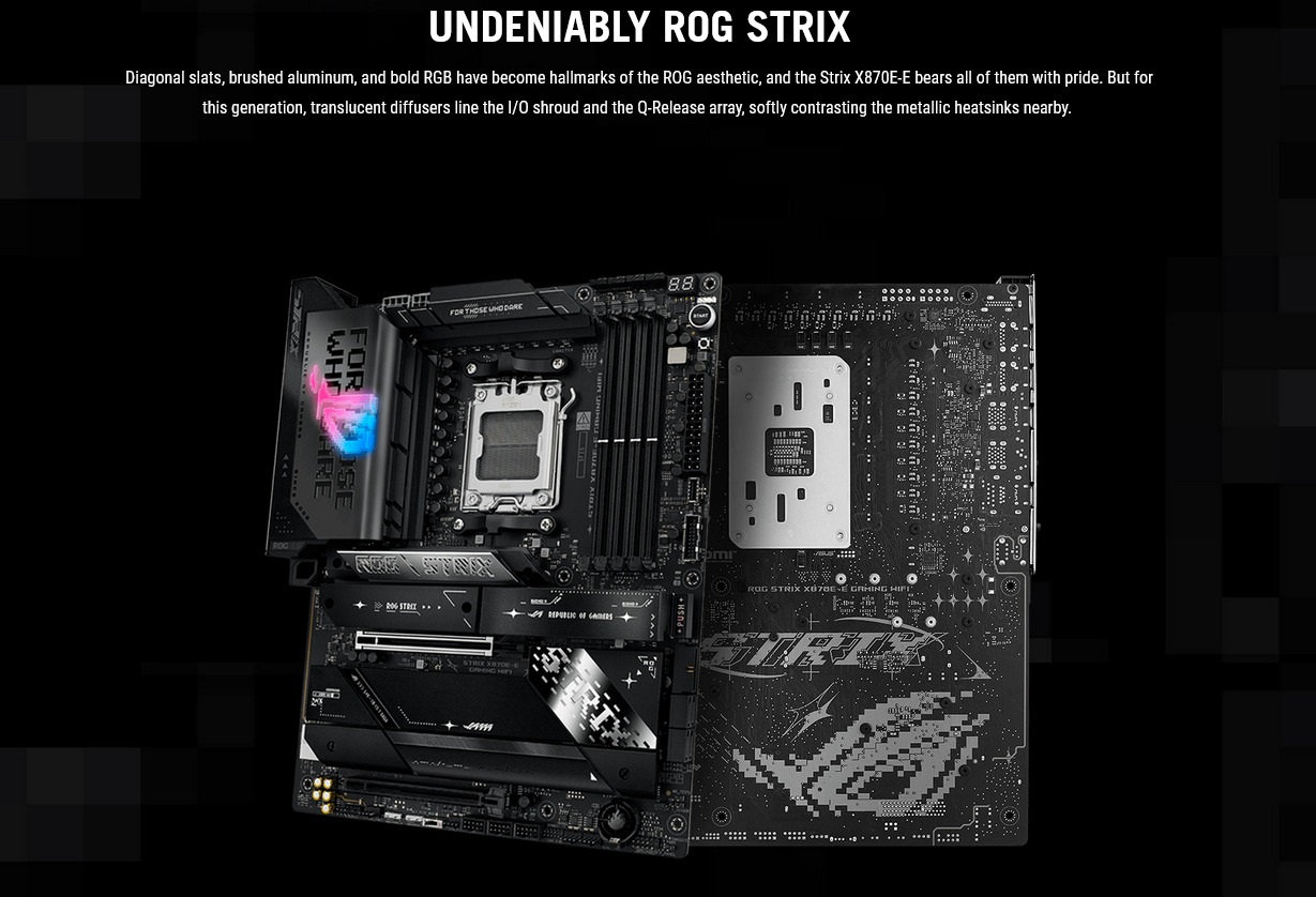 A large marketing image providing additional information about the product ASUS ROG Strix X870E-E Gaming WiFi AM5 ATX Desktop Moterboard - Additional alt info not provided