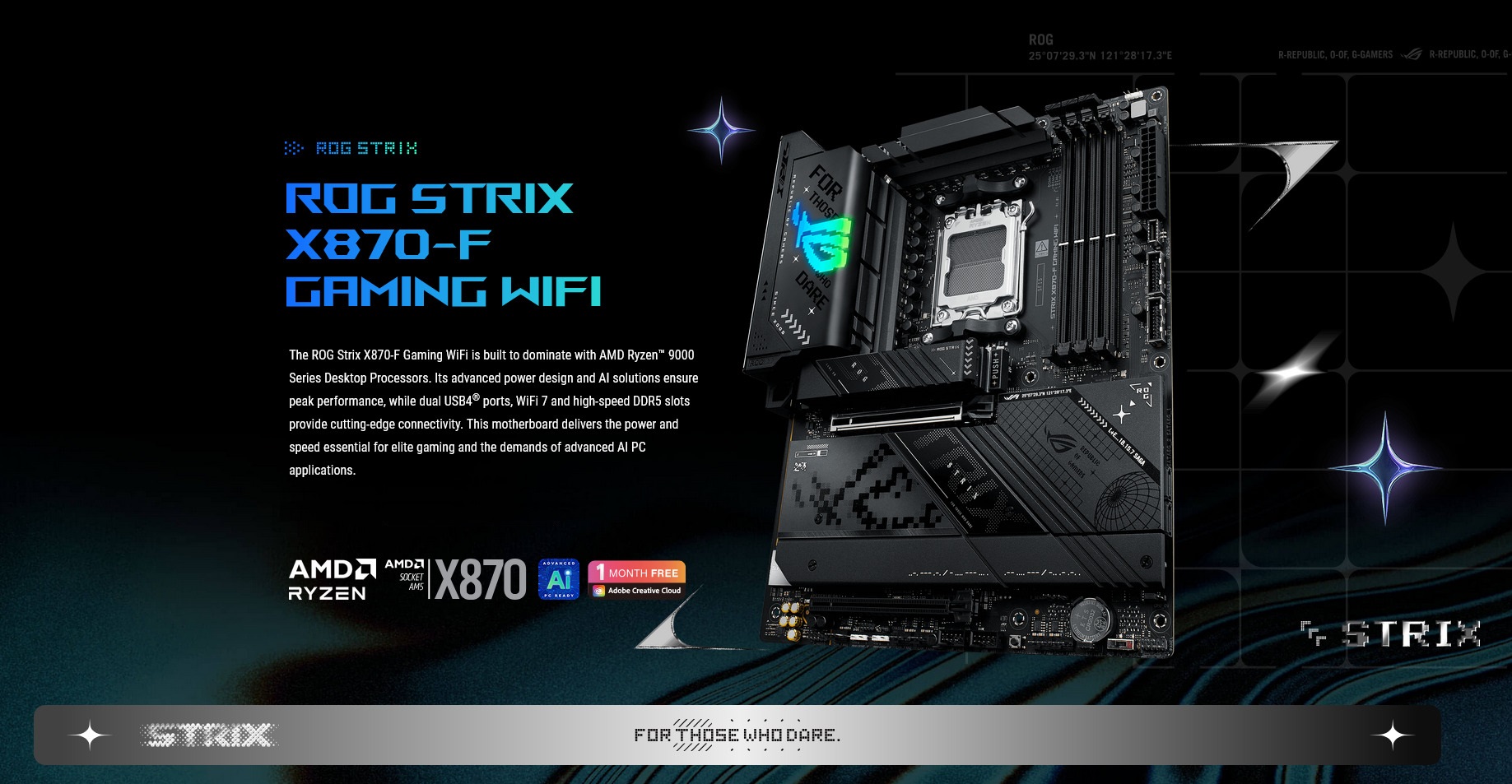 A large marketing image providing additional information about the product ASUS ROG Strix X870-F Gaming WiFi AM5 ATX Desktop Motherboard - Additional alt info not provided