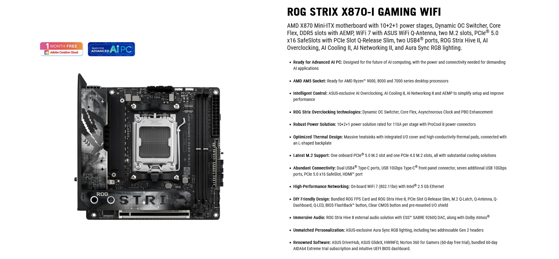 A large marketing image providing additional information about the product ASUS ROG Strix X870-I Gaming WiFi AM5 mITX Desktop Motherboard - Additional alt info not provided