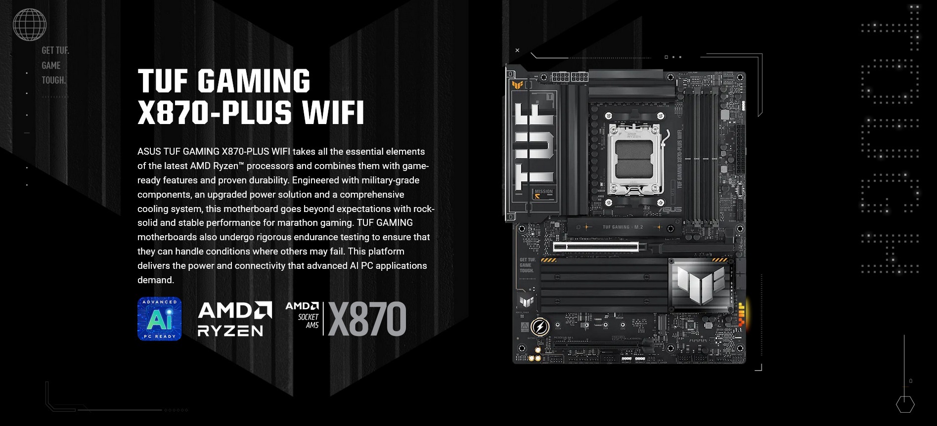 A large marketing image providing additional information about the product ASUS TUF Gaming X870-PLUS WiFi AM5 ATX Desktop Motherboard - Additional alt info not provided