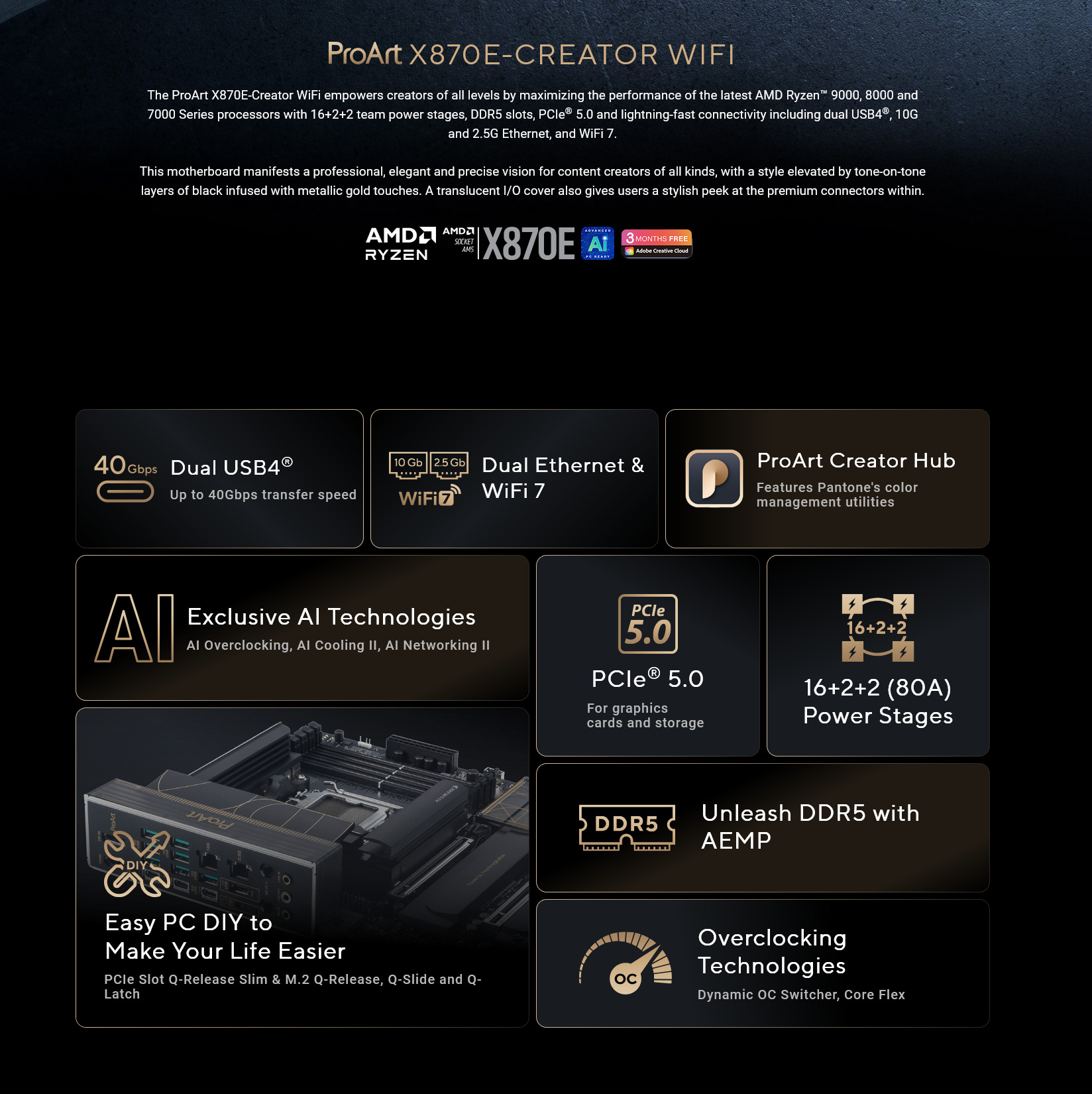 A large marketing image providing additional information about the product ASUS ProArt X870E-Creator WiFi AM5 ATX Desktop Motherboard - Additional alt info not provided