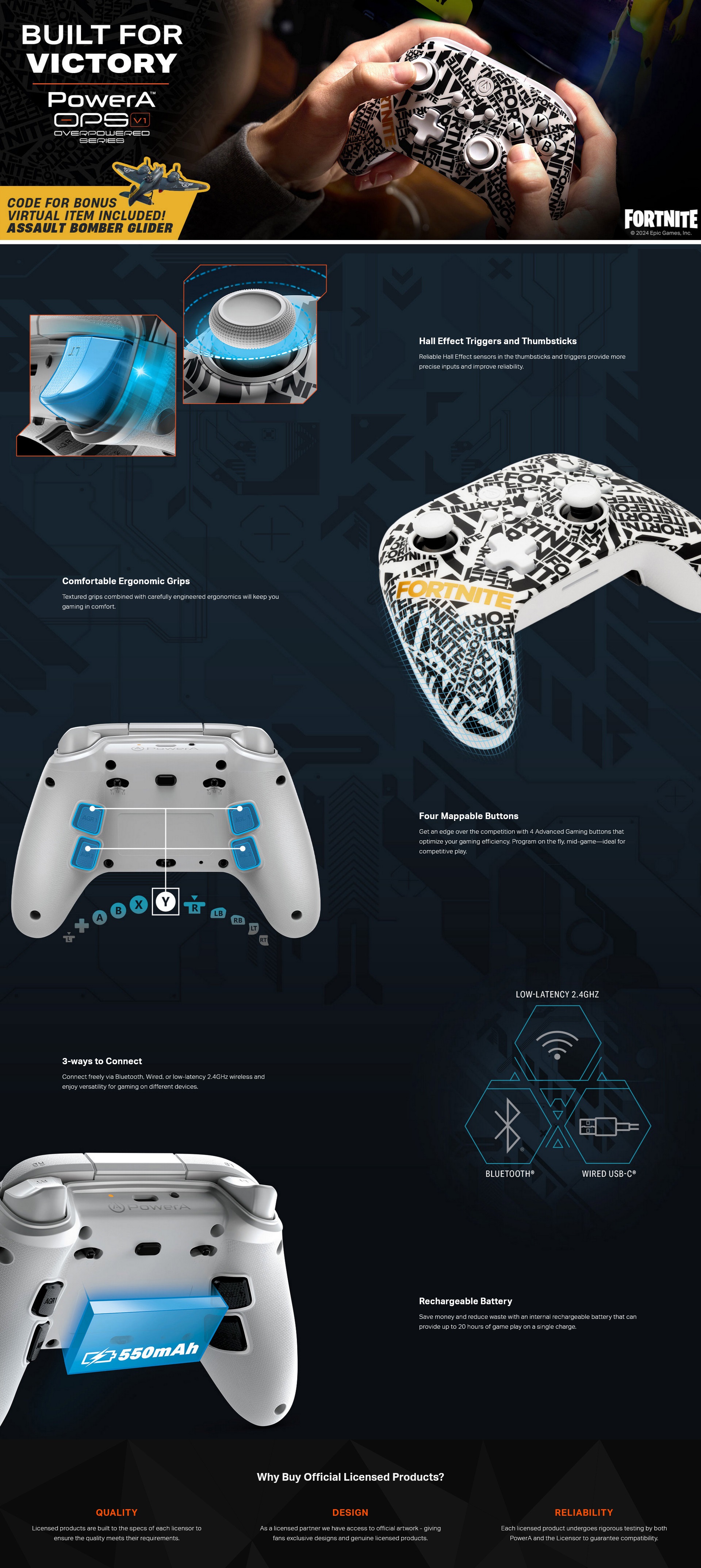 A large marketing image providing additional information about the product PowerA OPS V1 Wireless Cloud Gaming Controller - Fortnite Edition - Additional alt info not provided