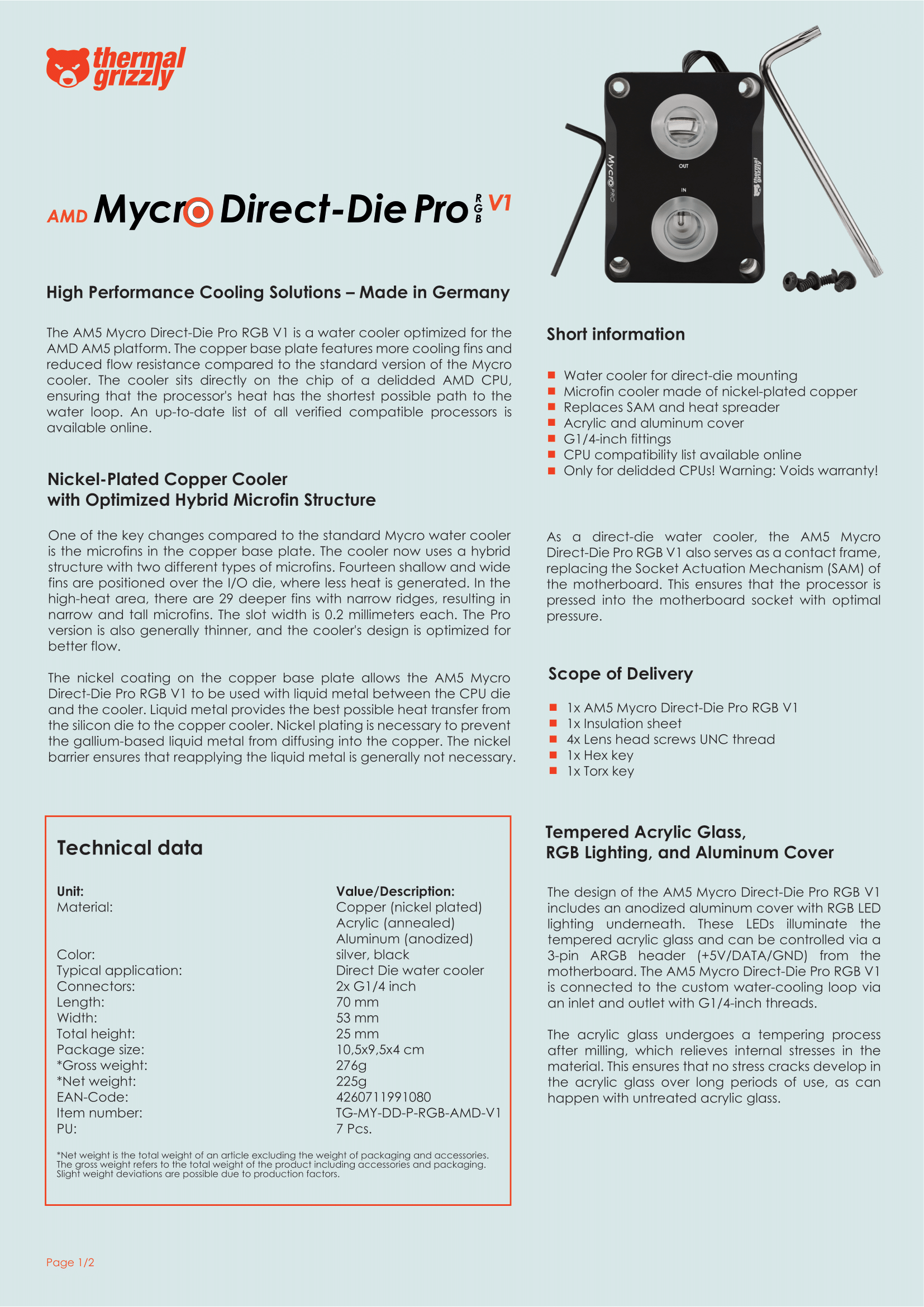 A large marketing image providing additional information about the product Thermal Grizzly Mycro Direct Die Pro RGB - CPU Water Block for AMD AM5 - Additional alt info not provided