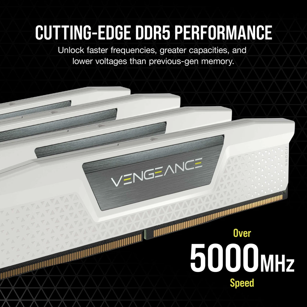 A large marketing image providing additional information about the product Corsair Vengeance 48GB Kit (2x24GB) DDR5 C30 6000MHz - White - Additional alt info not provided