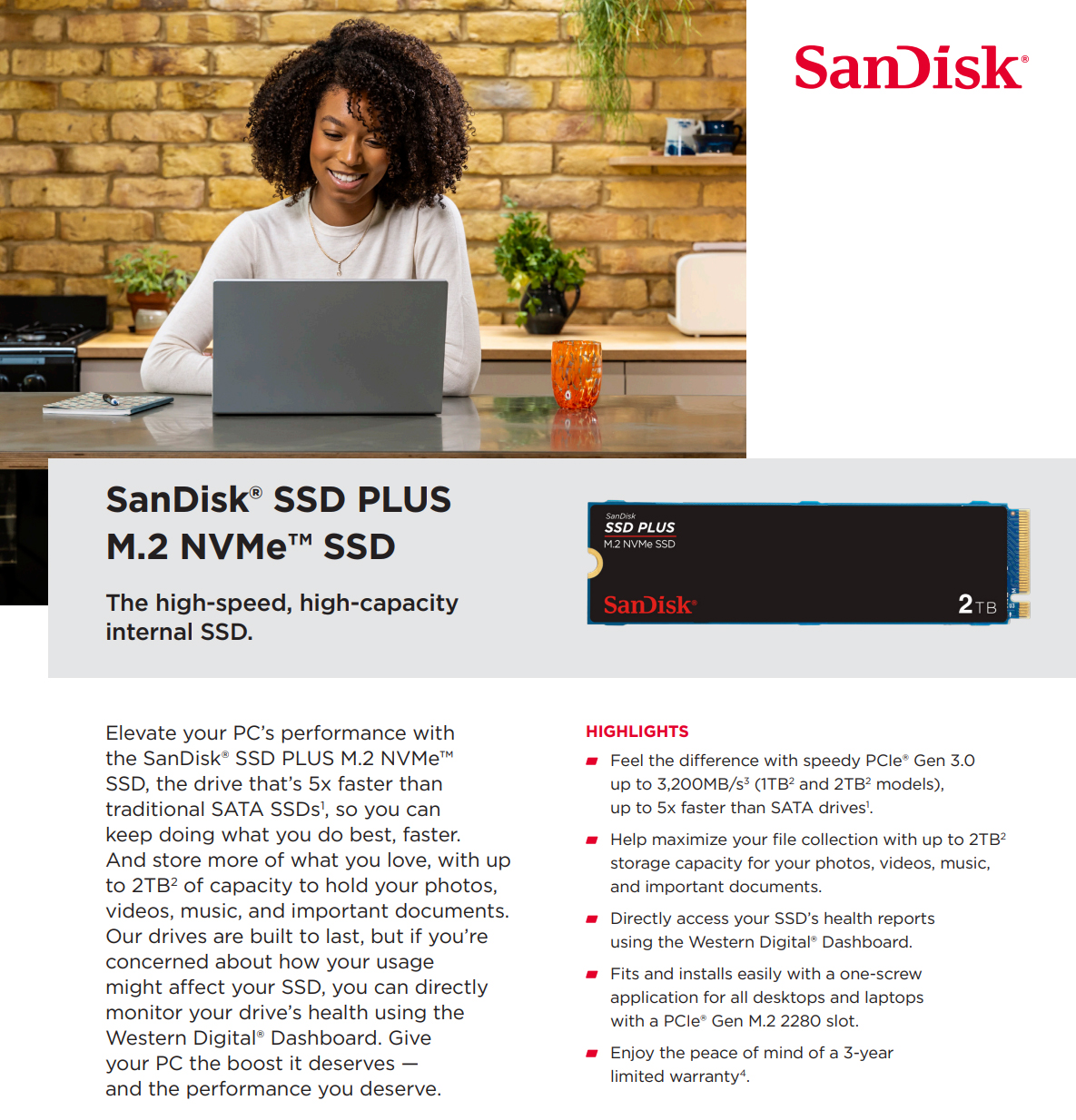 A large marketing image providing additional information about the product SanDisk SSD Plus PCIe Gen3 NVMe M.2 SSD - 500GB - Additional alt info not provided