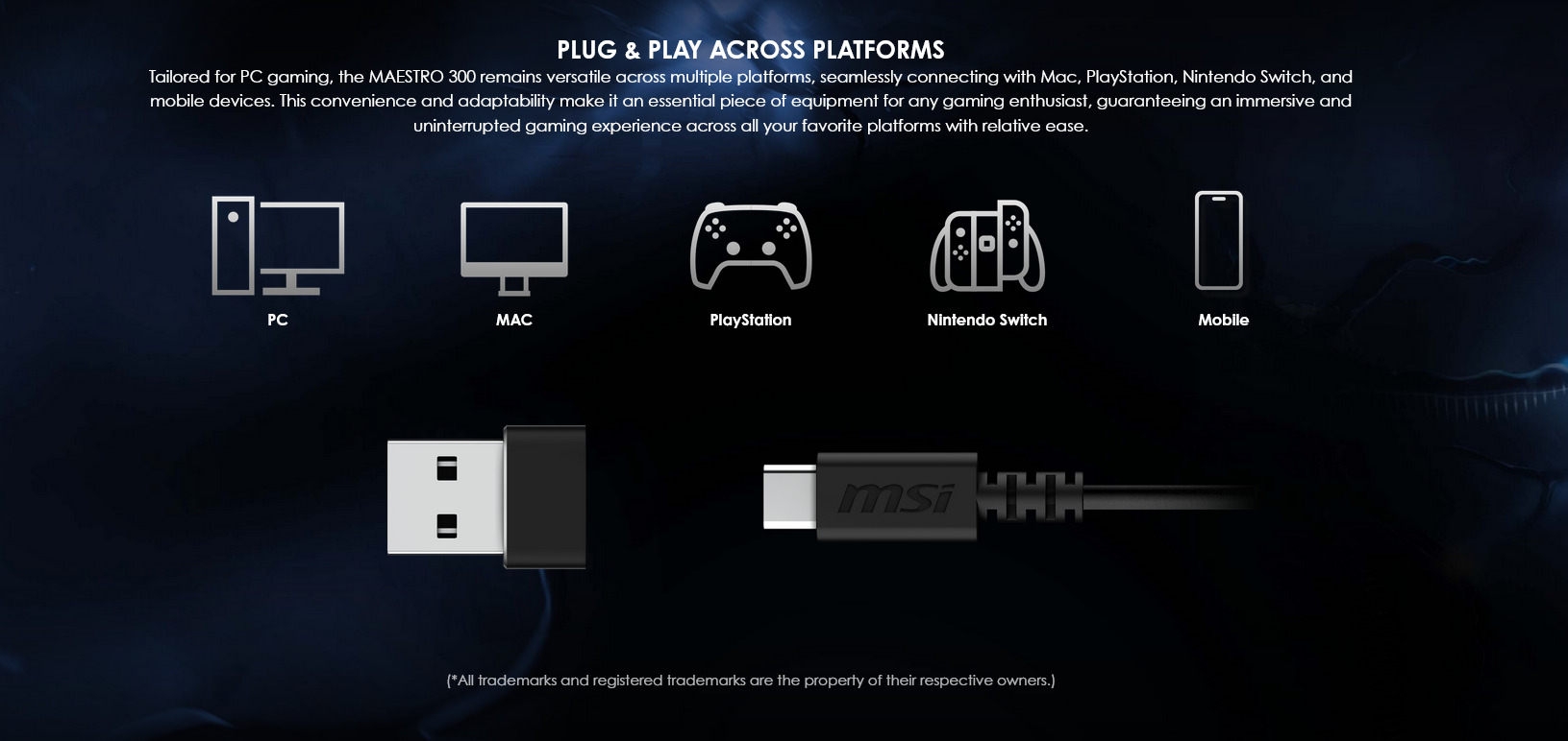 A large marketing image providing additional information about the product MSI Maestro 300 Wired Gaming Headset - Additional alt info not provided