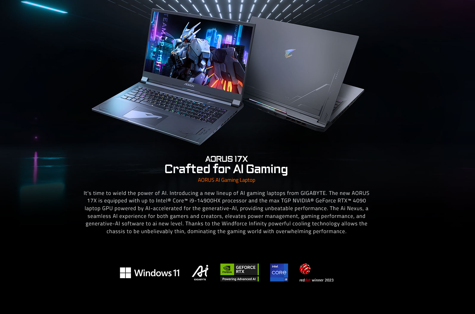 A large marketing image providing additional information about the product Gigabyte AORUS 17X (AXG) - 17.3" 240Hz, 14th Gen i9, RTX 4080, 32GB/1TB - Win 11 Gaming Notebook - Additional alt info not provided