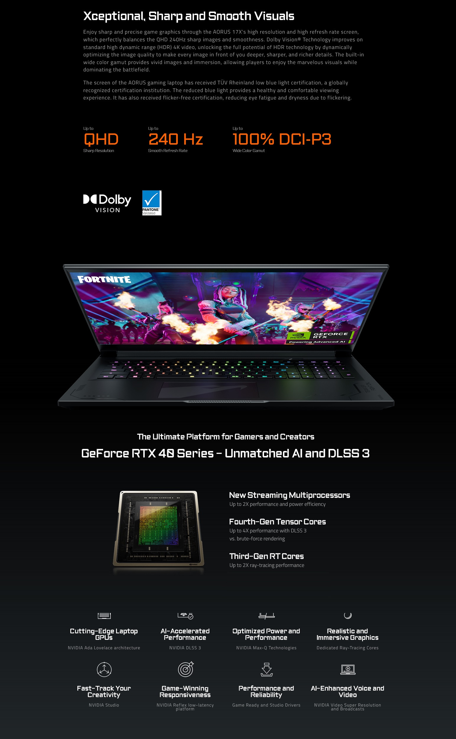 A large marketing image providing additional information about the product Gigabyte AORUS 17X (AXG) - 17.3" 240Hz, 14th Gen i9, RTX 4080, 32GB/1TB - Win 11 Gaming Notebook - Additional alt info not provided